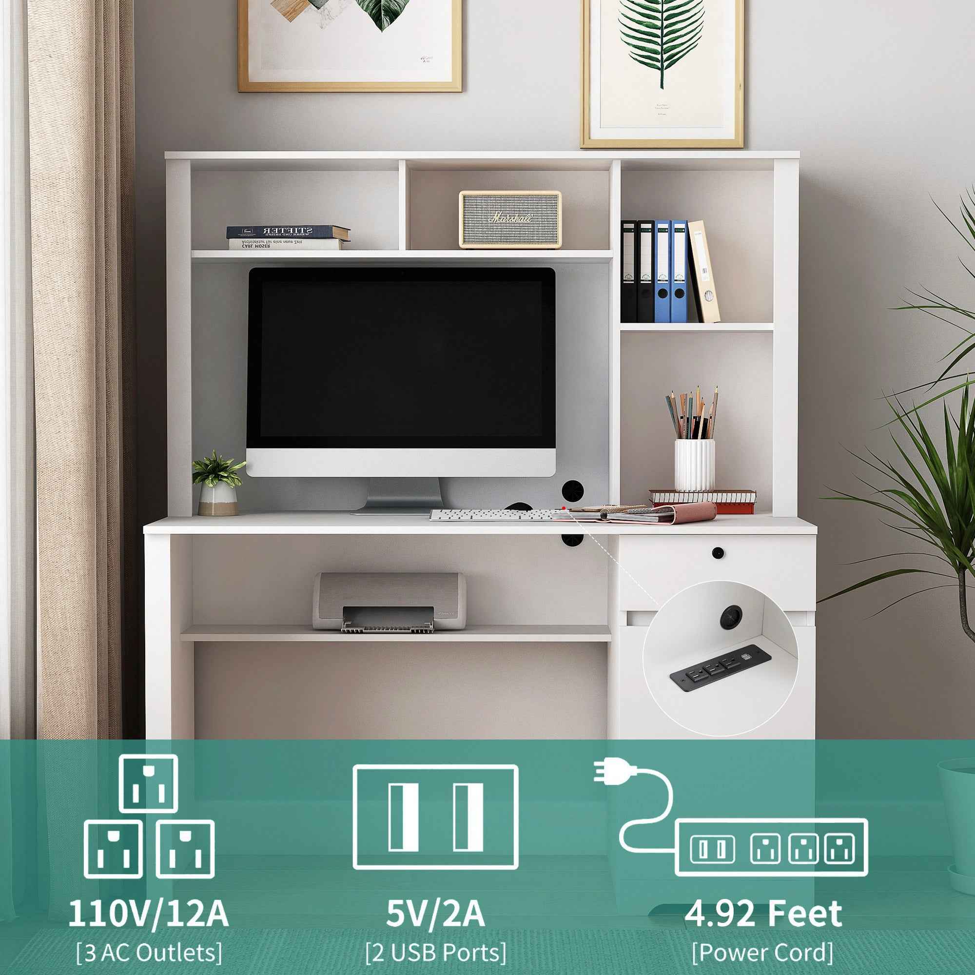 Computer Desk with Hutch & Bookshelf,Wood Executive Desk Teens Student Desk Writing Laptop Home Office Desk with Drawers,3 AC Outlets and 2 USB Charging Ports,Study Laptop Table for Home