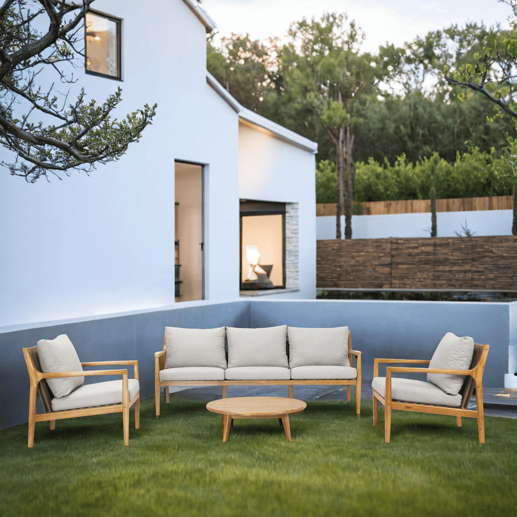 Teak-Color 5-Person Outdoor Sofa Set with Cushions (PAS-2513-3SC+SC*2+TA)