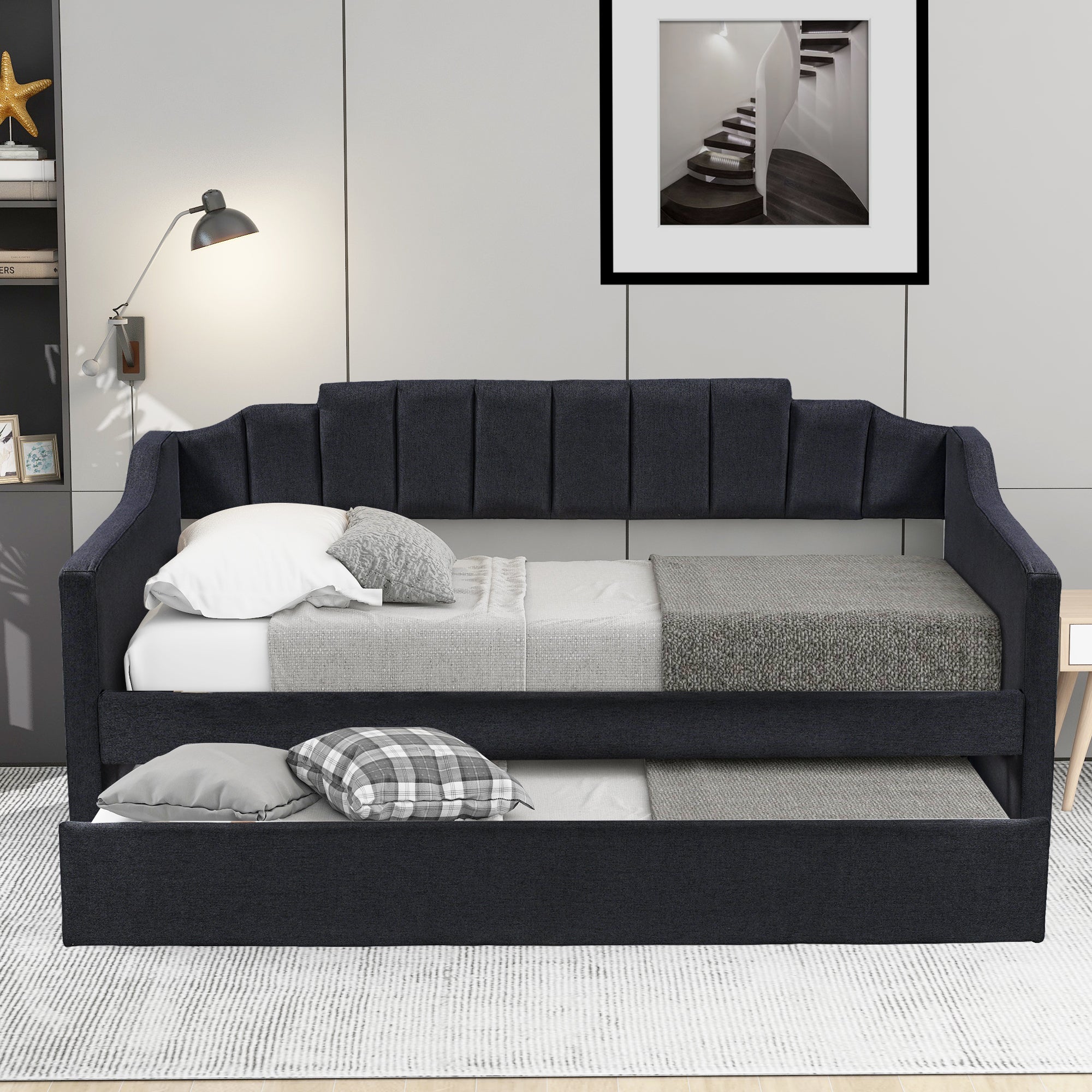Upholstered Twin Daybed with Trundle,Black - Abrihome