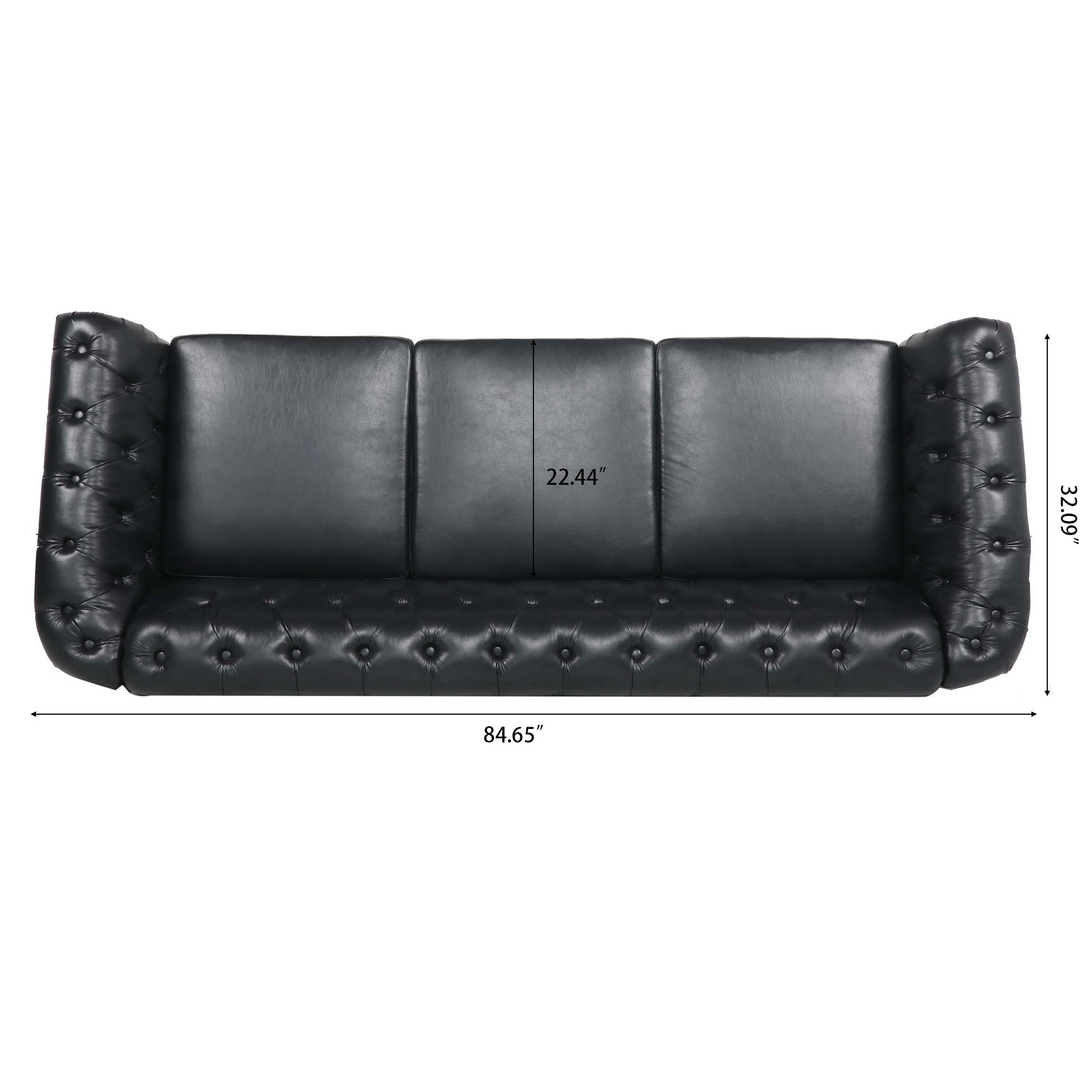 84.65" BLACK PU Rolled Arm Chesterfield Three Seater Sofa. - Abrihome