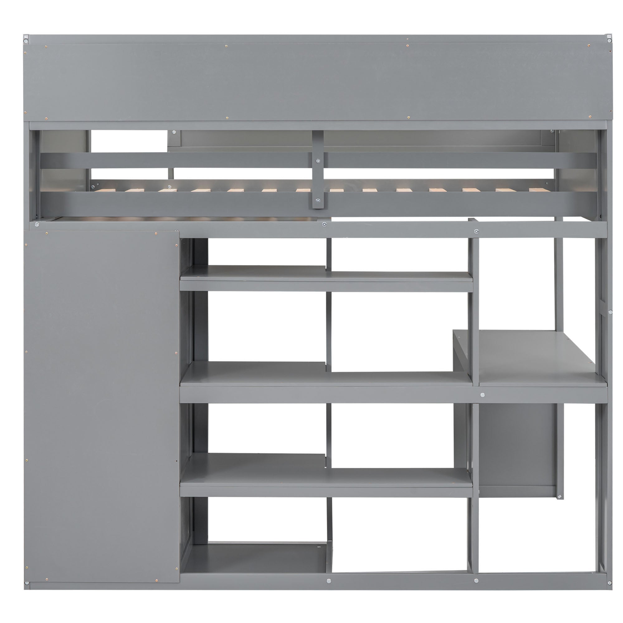 Wood Twin Size Loft bed with Multiple Storage Shelves and Wardrobe, Gray - Abrihome