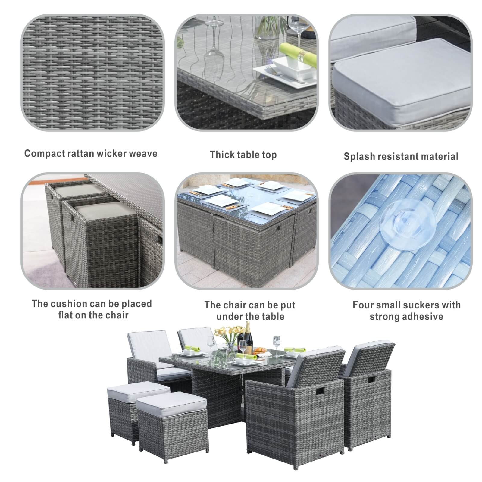 8-Seat Outdoor Dining Set with Cube Table and Ottomans (PAD-3233B) - Abrihome