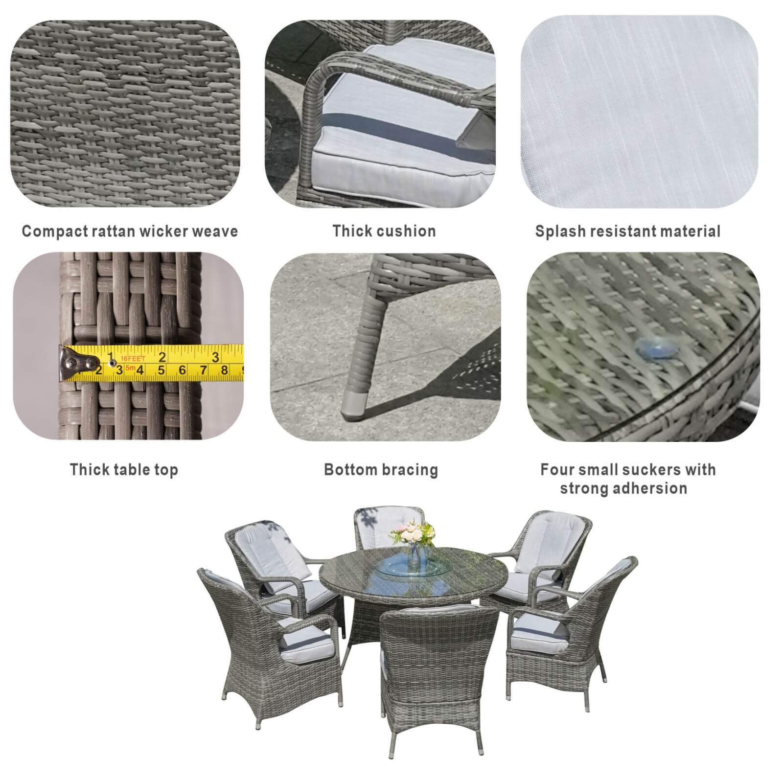 6-Seat Outdoor Dining Set featuring a Round Dining Table with Glass Turntable(PAD-1711-SET) - Abrihome