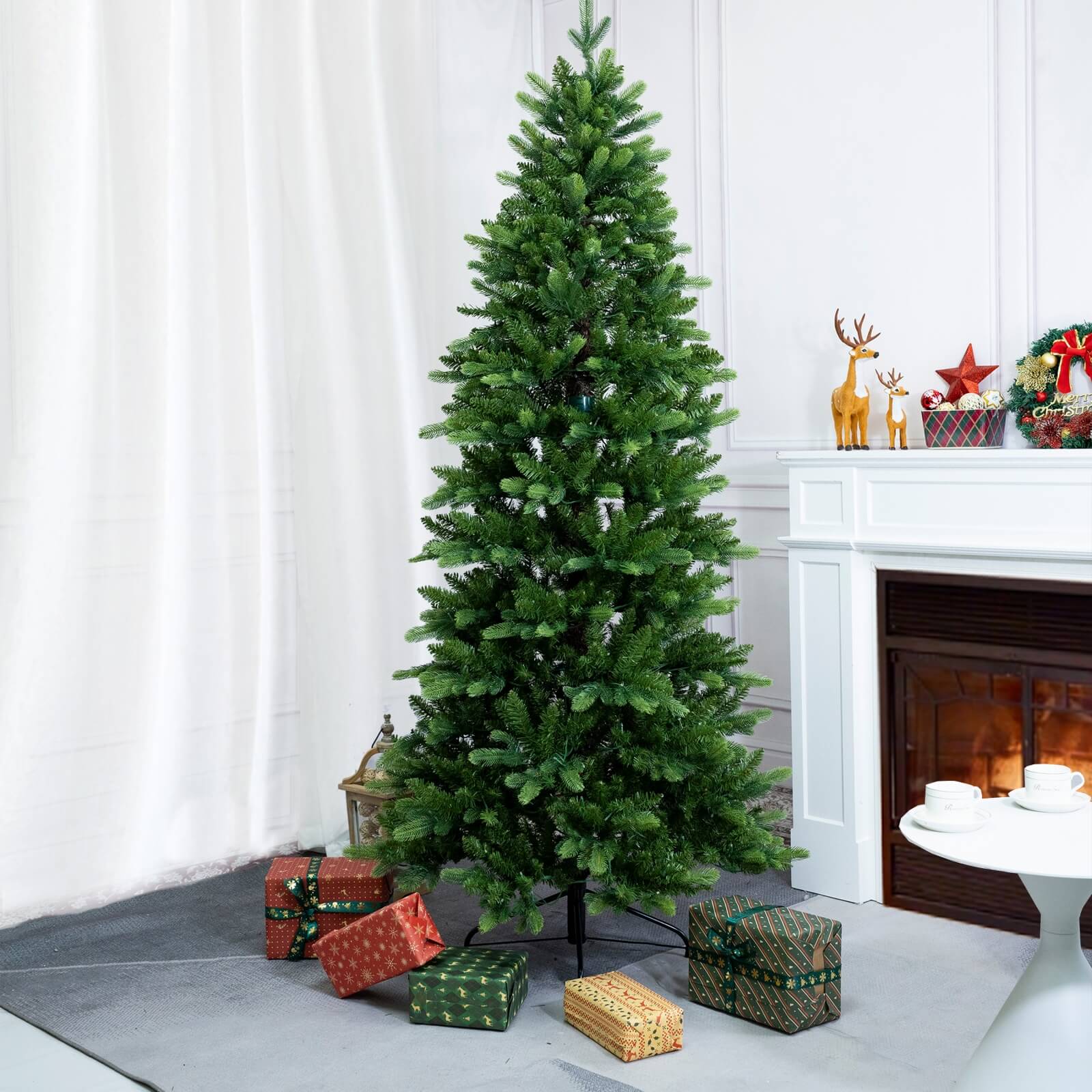 6FT Artificial Christmas Tree with Realistic PE PVC and Warm White LED Lights(PJT-2505-6FT) - Abrihome