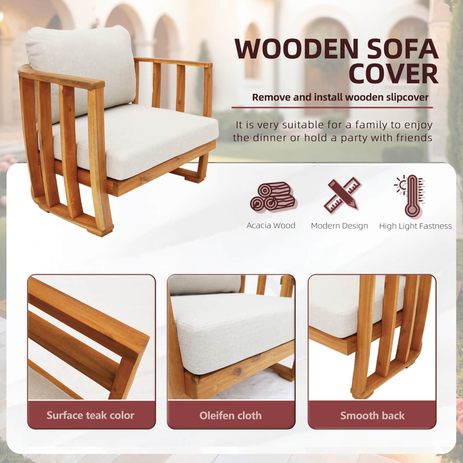 Stylish 5-Piece Acacia Wood Outdoor Sofa Set with Cushions(PAS-2521-19F-2SS+SS*2+TA+ST) - Abrihome