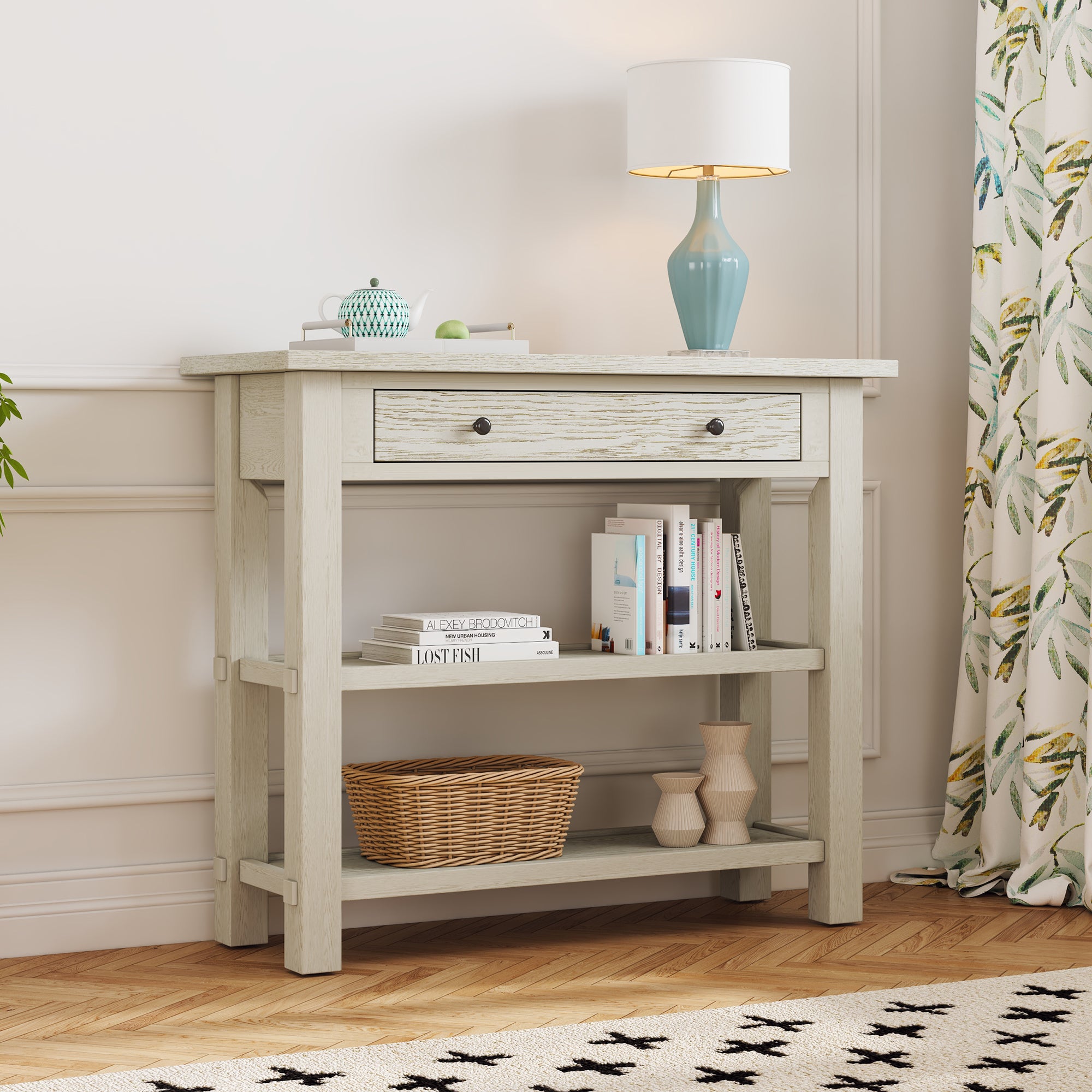 TREXM Retro Console Table with Drawer and Two Sturdy Shelves for Entryway, Living Room (Gray Wash)