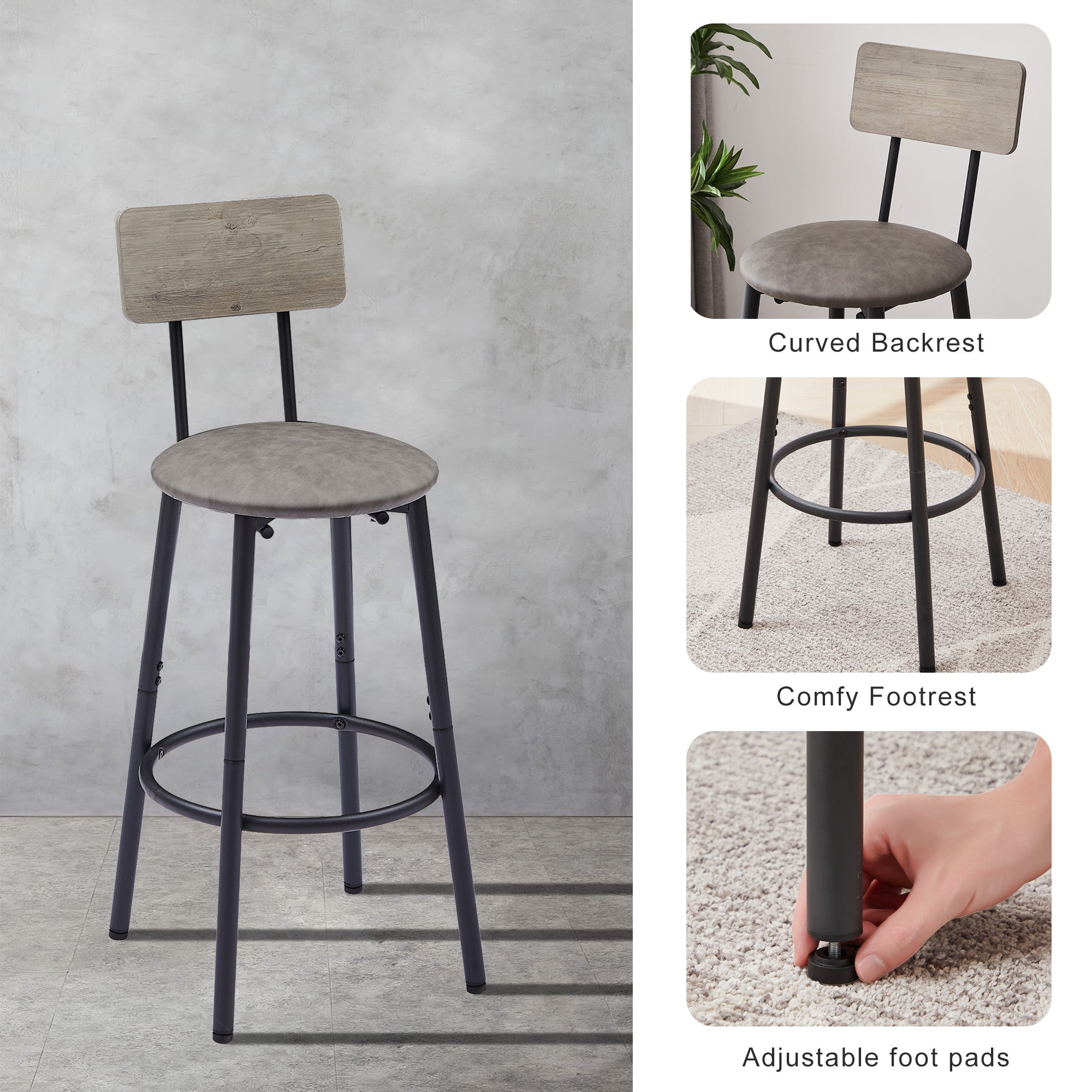 Bar Table Set with 4 Bar stools PU Soft seat with backrest, Grey, 47.24'' L x 23.62'' W x 35.43'' H - Abrihome