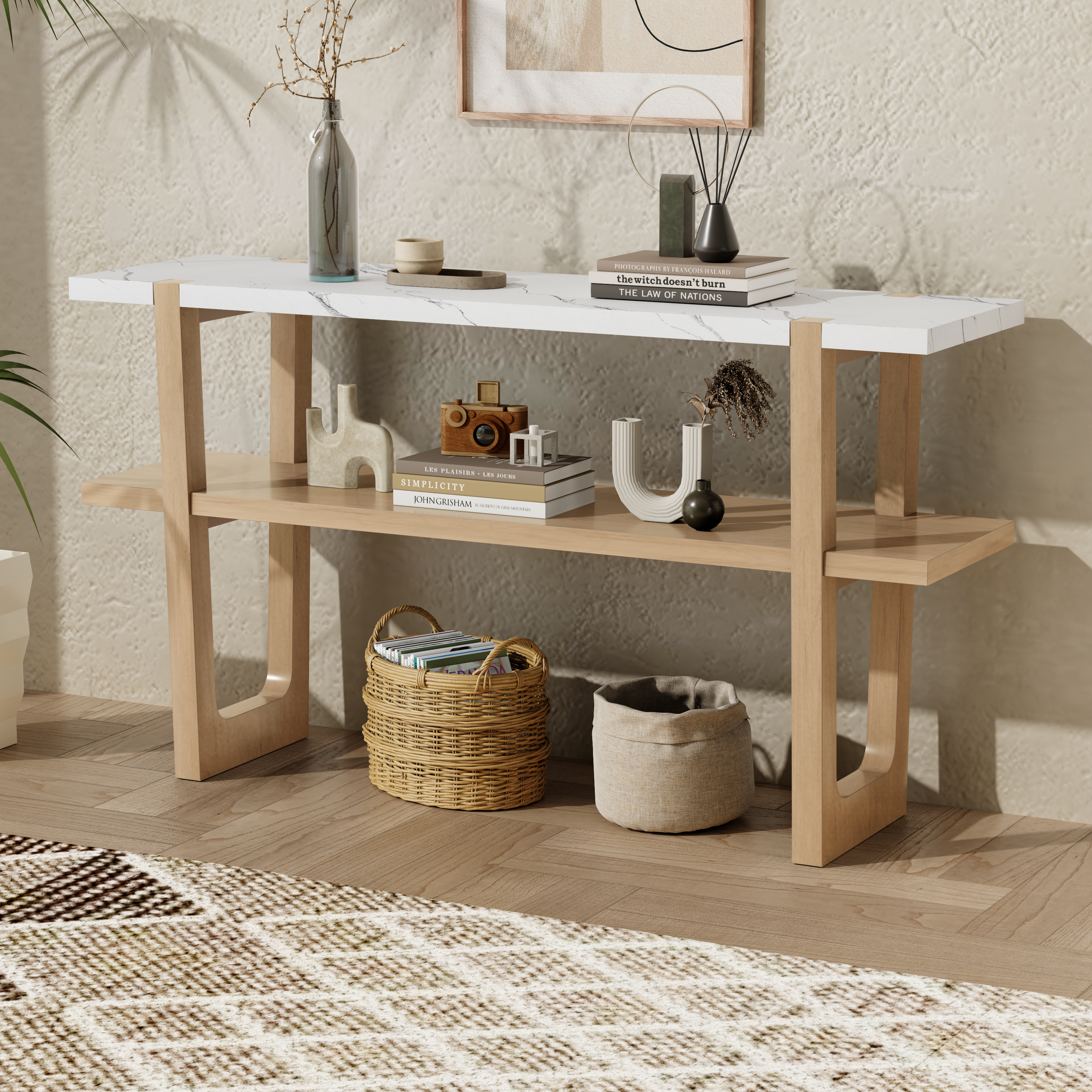 TREXM Retro Elegant Console Table with Marble-Effect Top and Versatile Storage Solutions for Entryway and Living Room (Natural)