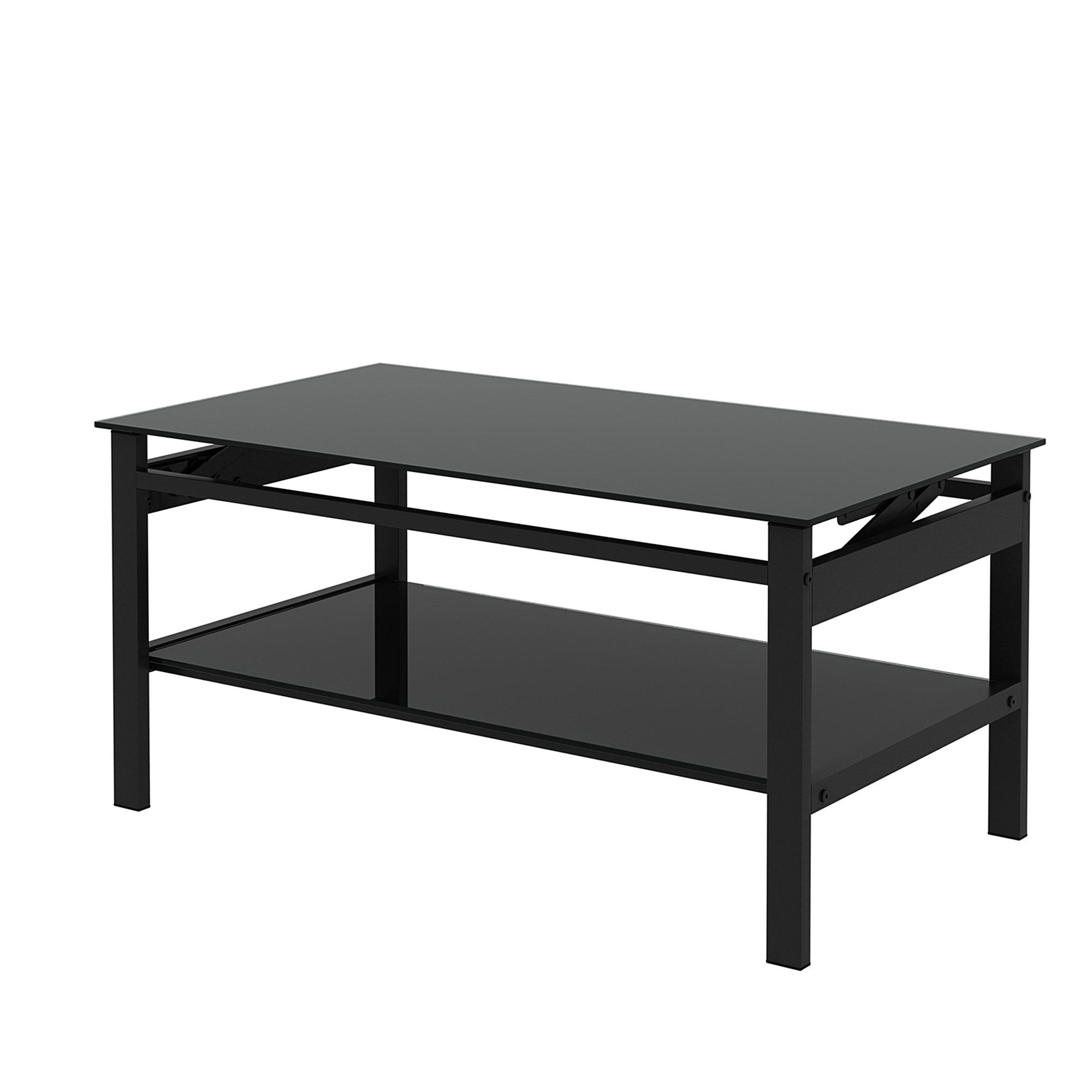 Glass Lift Top Coffee Table, Modern Simple 2-Layer Tempered Glass Coffee Table for Living Room, Black - Abrihome