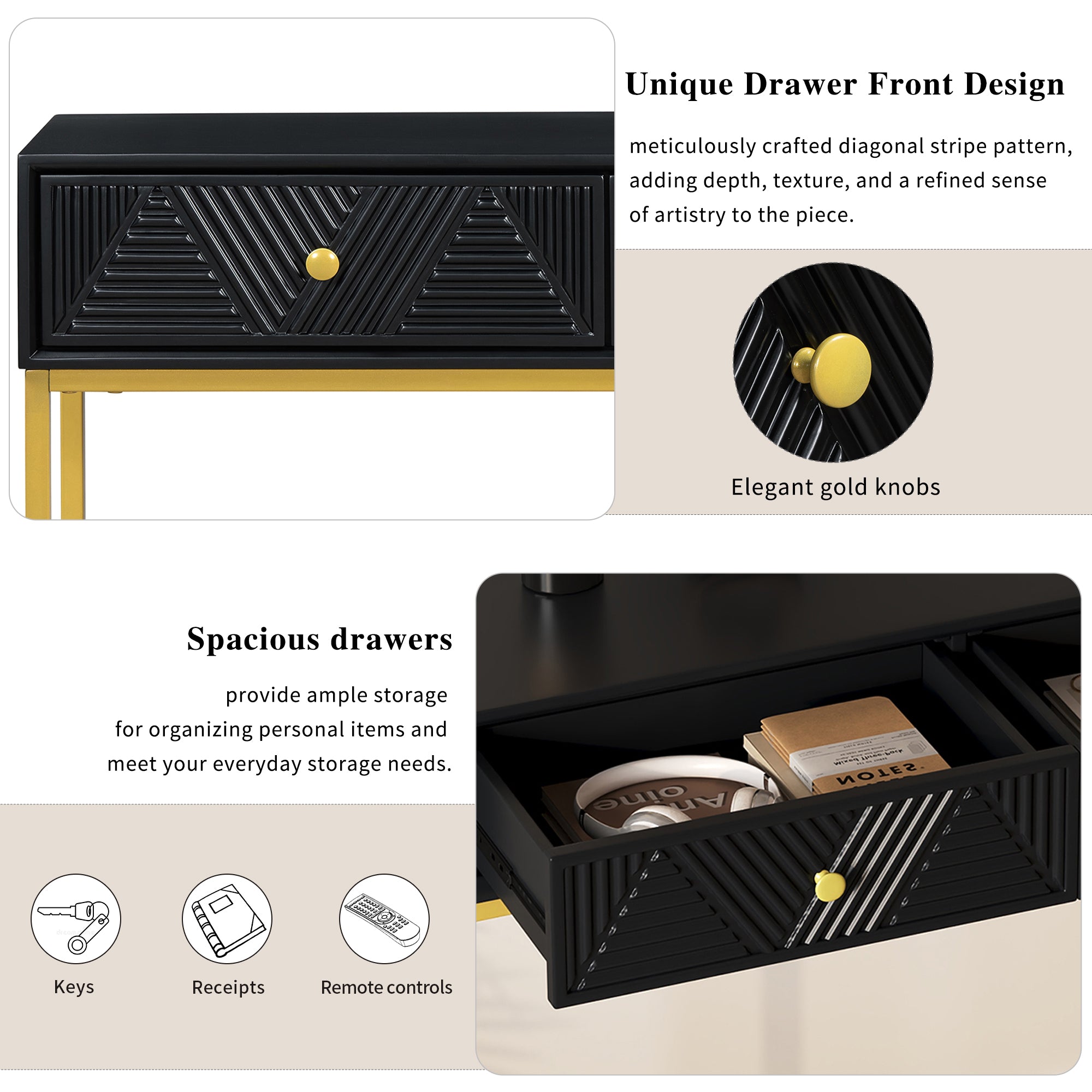 TREXM Modern Sleek Console Table Two Drawers with Stripe Design for Living Room and Entryway (Black) - Abrihome