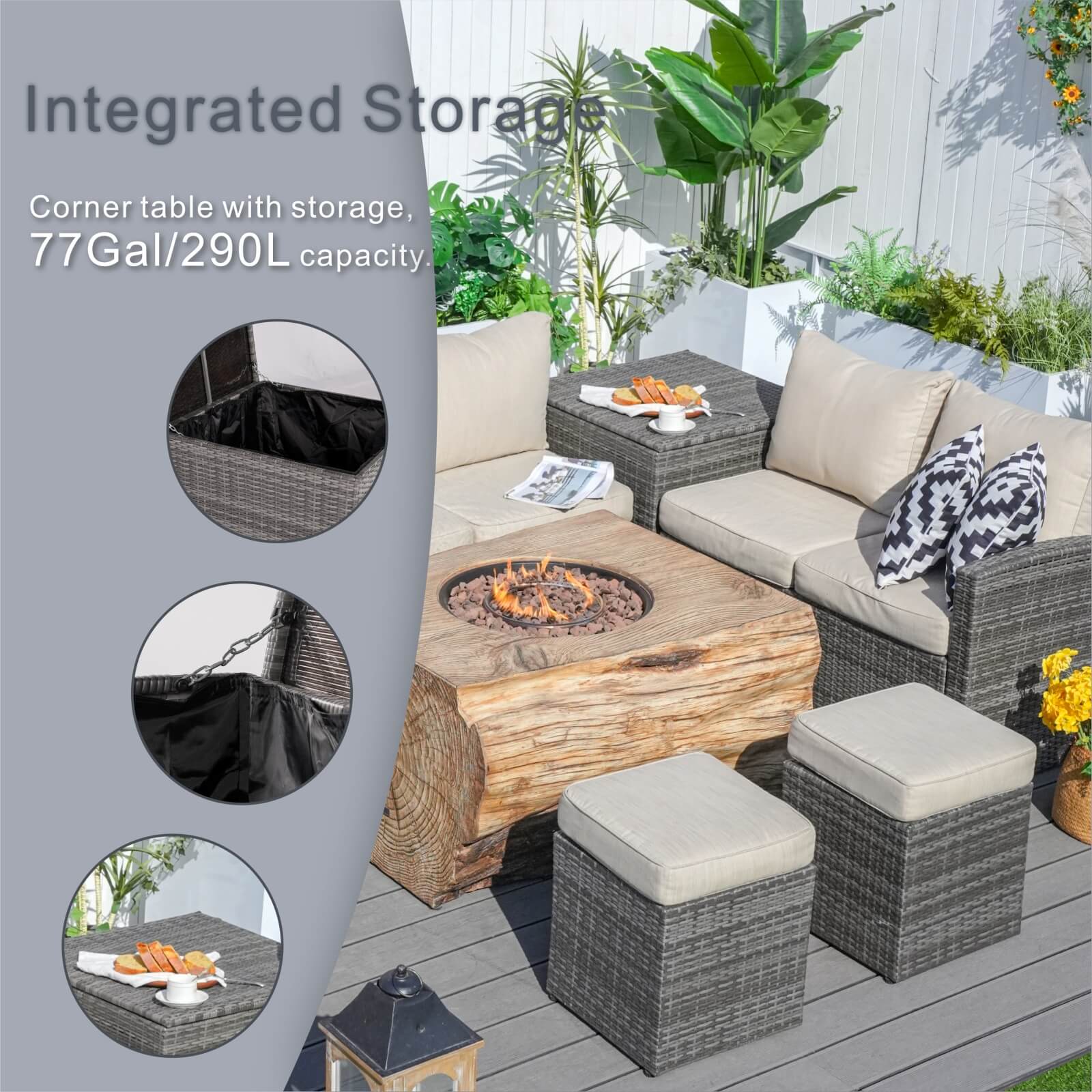 7-Piece Outdoor Fire Pit Set with TerraFlame Rectangle Table(PAG-1403B+2170) - Abrihome