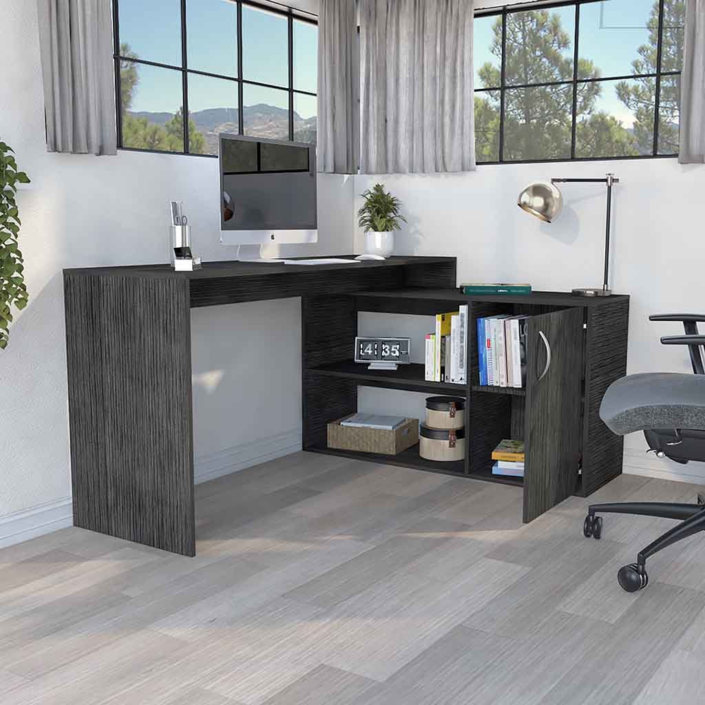 Axis Modern L-Shaped Computer Desk with Open & Closed Storage -Smokey Oak - Abrihome