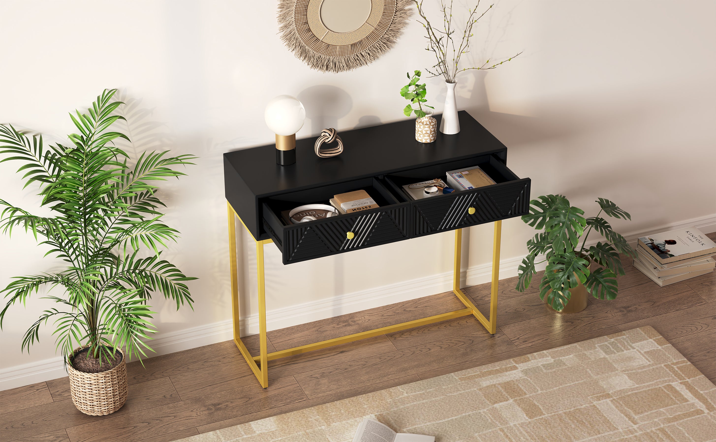 TREXM Modern Sleek Console Table Two Drawers with Stripe Design for Living Room and Entryway (Black) - Abrihome