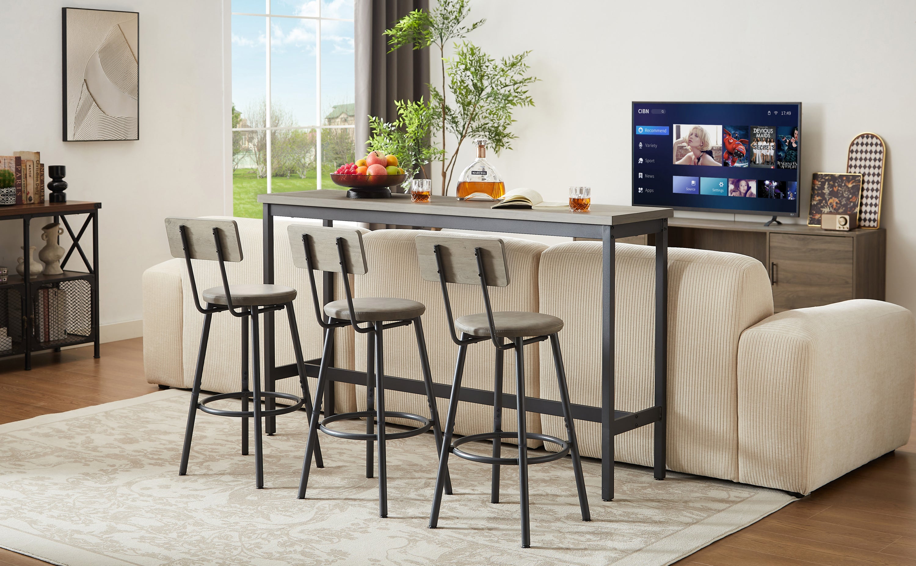 Long Bar Table Set with 3 PU Upholstered Bar Stools, Industrial Bar Table and Chairs for Kitchen Breakfast Table, Living Room, Banquet Hall, Rustic Gray and Black, 63″L x15.7"W x 37.5"H - Abrihome