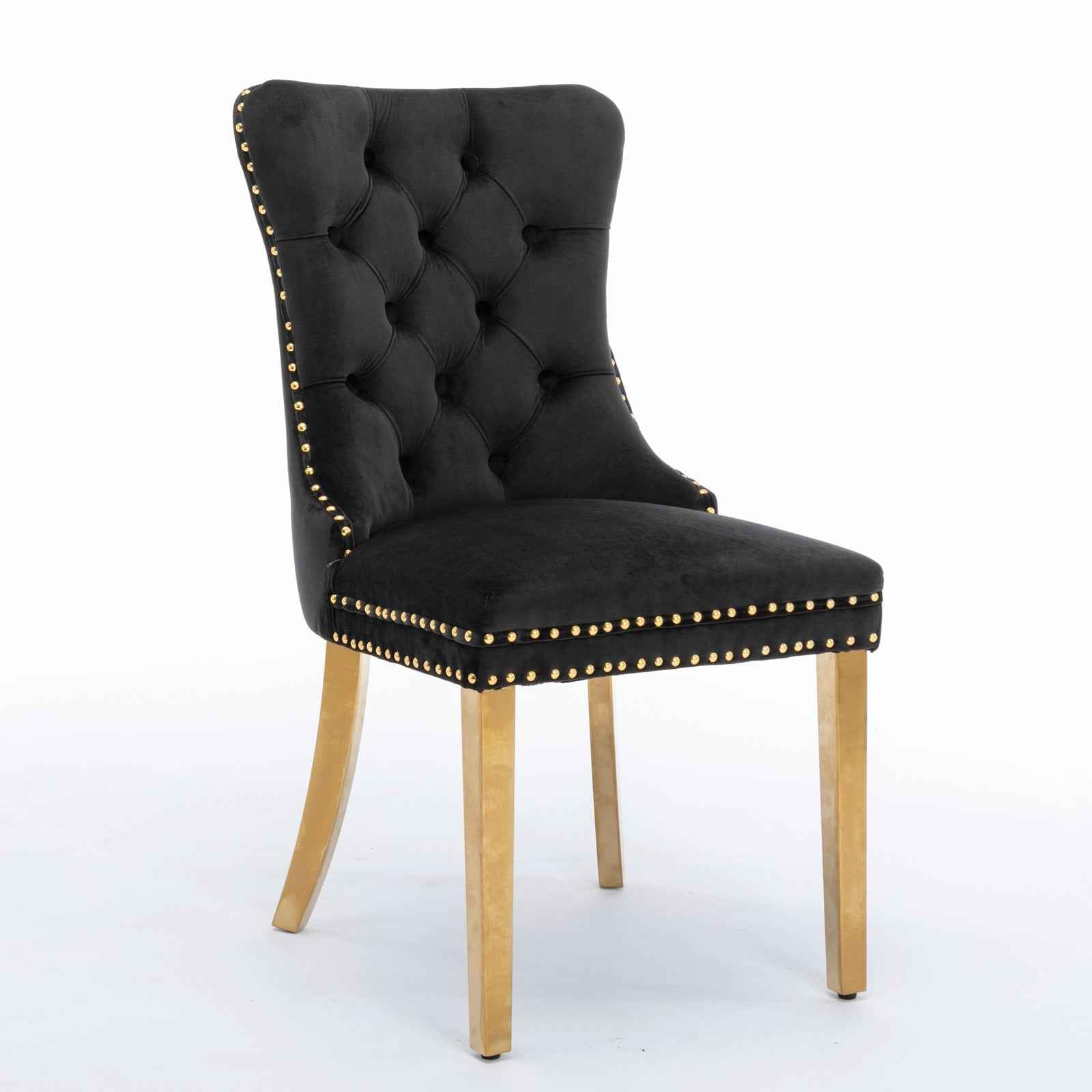 A&A Furniture,Nikki Collection Modern, High-end Tufted Solid Wood Contemporary Velvet Upholstered Dining Chair with Golden Stainless Steel Plating Legs,Nailhead Trim,Set of 2,Black and Gold, SW1601BK