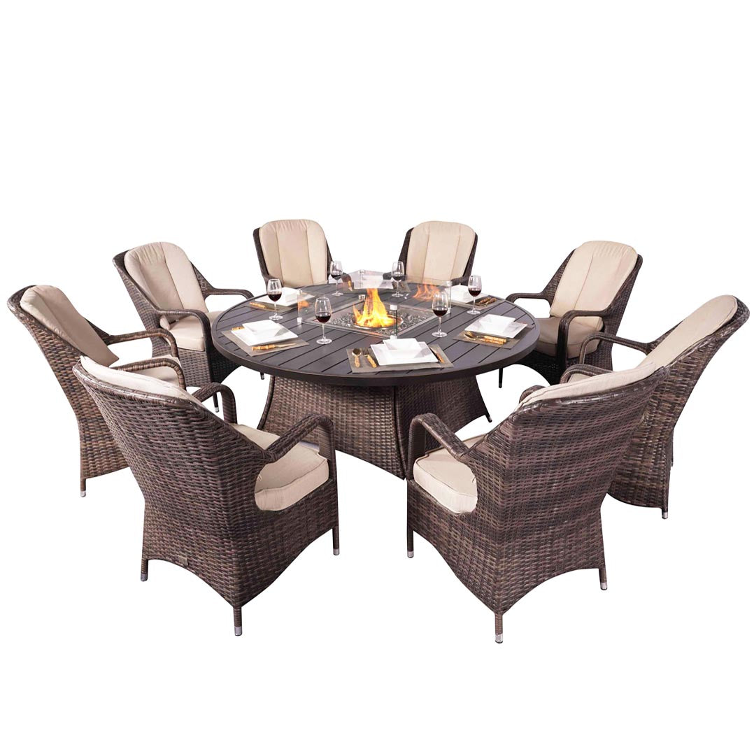 New Fashion Gas Fire Circular Table Patio 9 Pieces Seat Chairs and Cushions by Abrihome(BBQ Plate needs to be purchased separately)