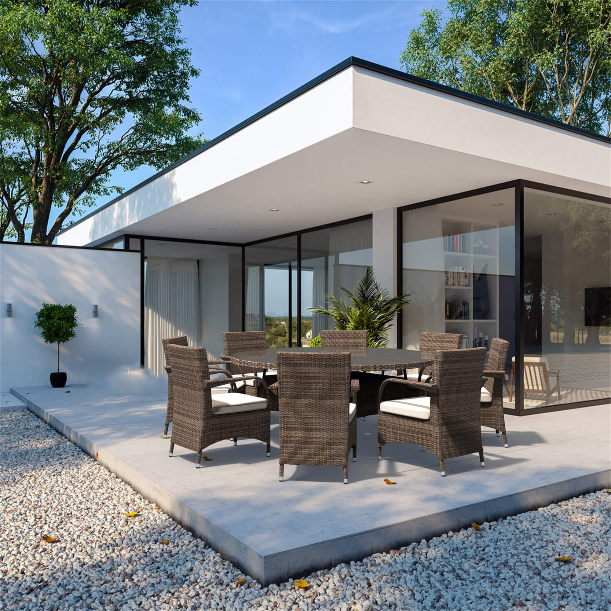 9-Piece Outdoor Wicker Dining Set with Large Round Table & Cushioned Chairs(PAD-1714+1122) - Abrihome