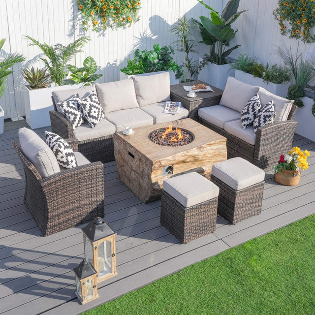 Garden Rattan Wicker Out Furniture Patio Seating Sofa Set with Grain Fire Pit Table for Sale - Abrihome