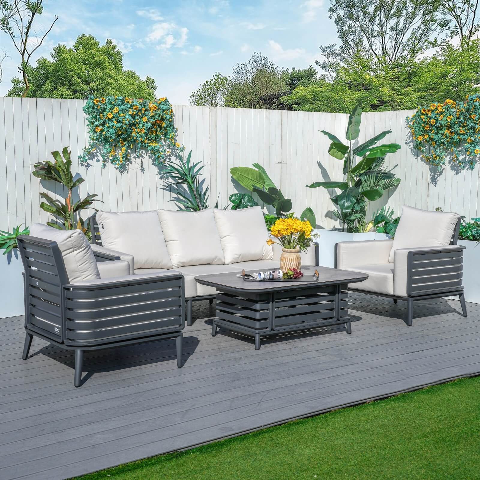 Modern 5-Person Aluminum Sofa Set with Exposed Tube Design(PAS-2350+PAD-2352) - Abrihome