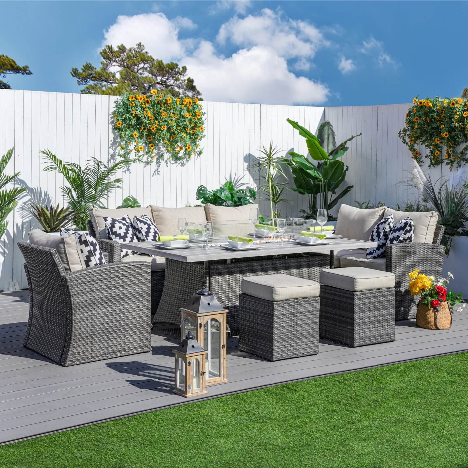 7-Piece Patio Conversation Set Featuring Rectangular Aluminum Fire Pit Table(PAS-1403B+1106RA) - Abrihome