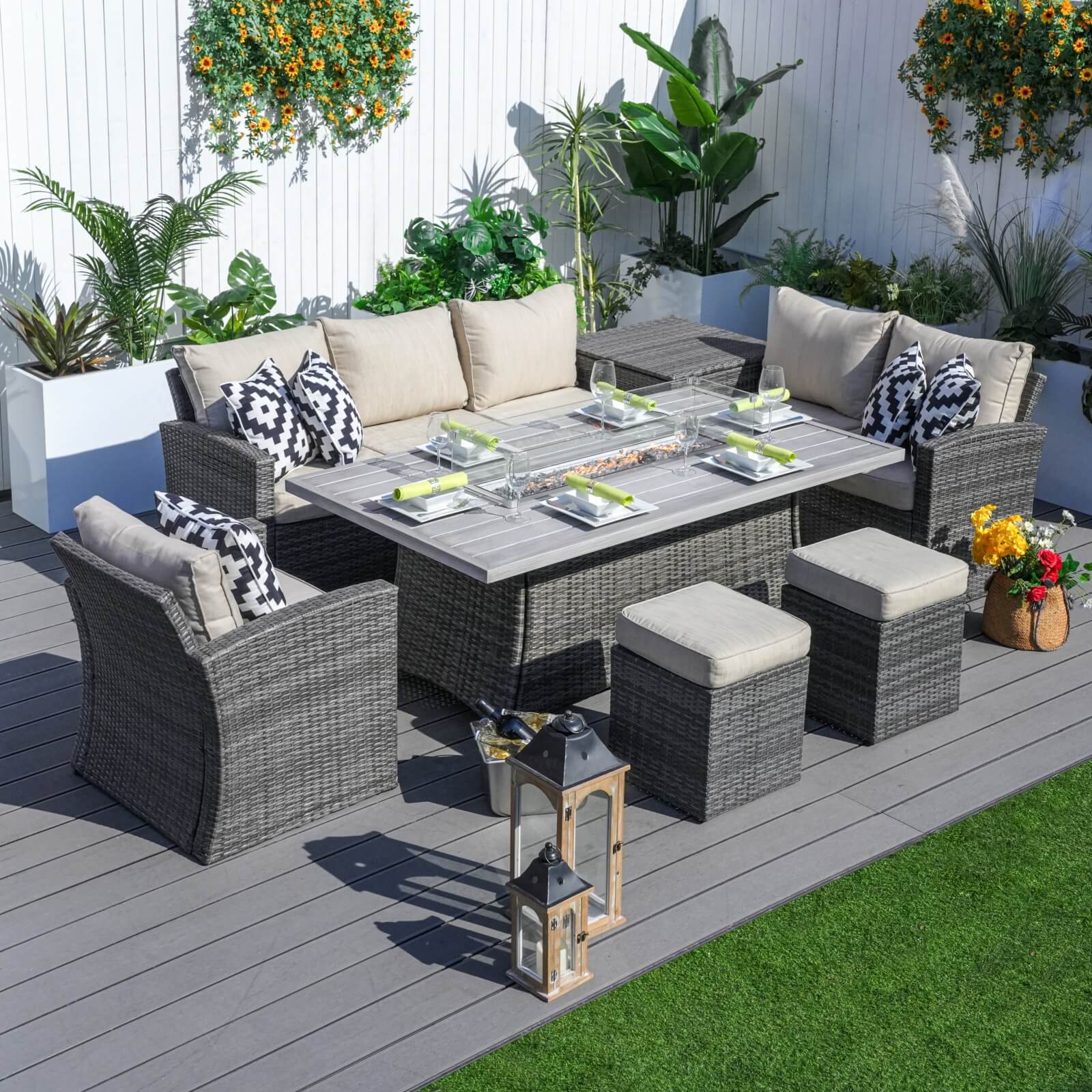 7-Piece Patio Conversation Set Featuring Rectangular Aluminum Fire Pit Table(PAS-1403B+1106RA) - Abrihome