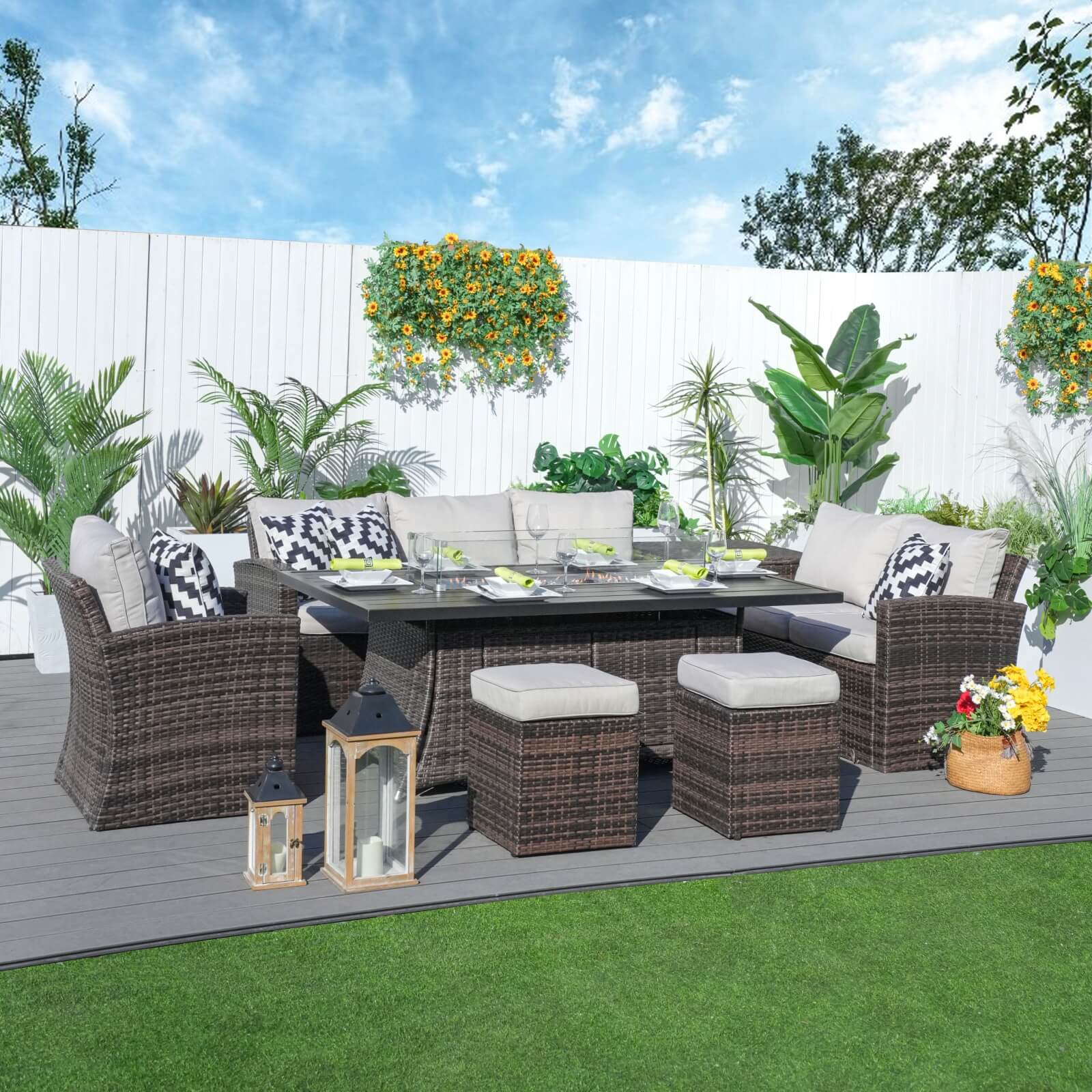 7-Piece Patio Conversation Set Featuring Rectangular Aluminum Fire Pit Table(PAS-1403B+1106RA) - Abrihome