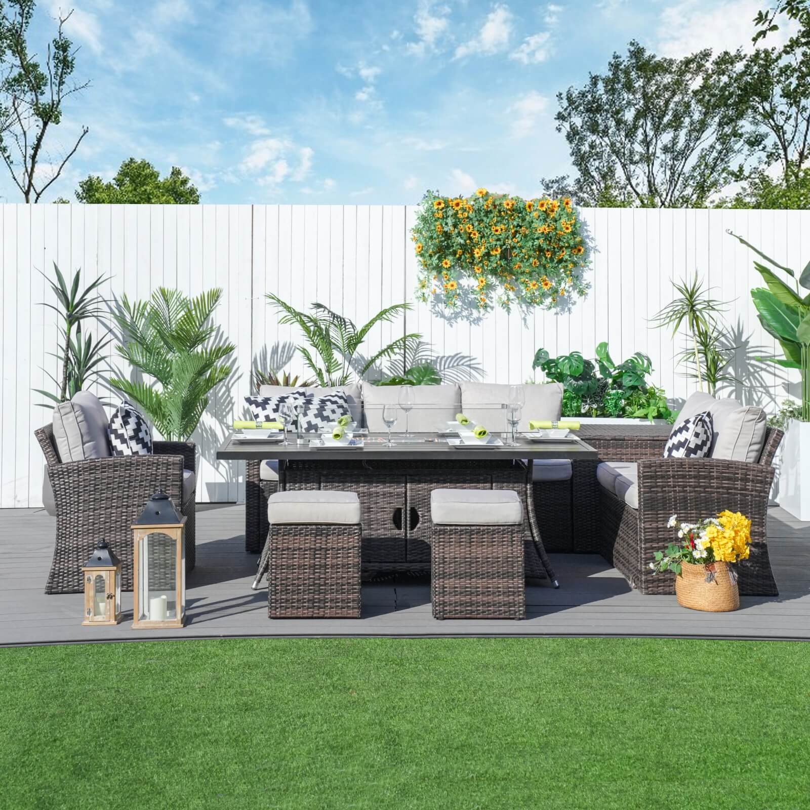 7-Piece Patio Conversation Set Featuring Rectangular Aluminum Fire Pit Table(PAS-1403B+1106RA) - Abrihome