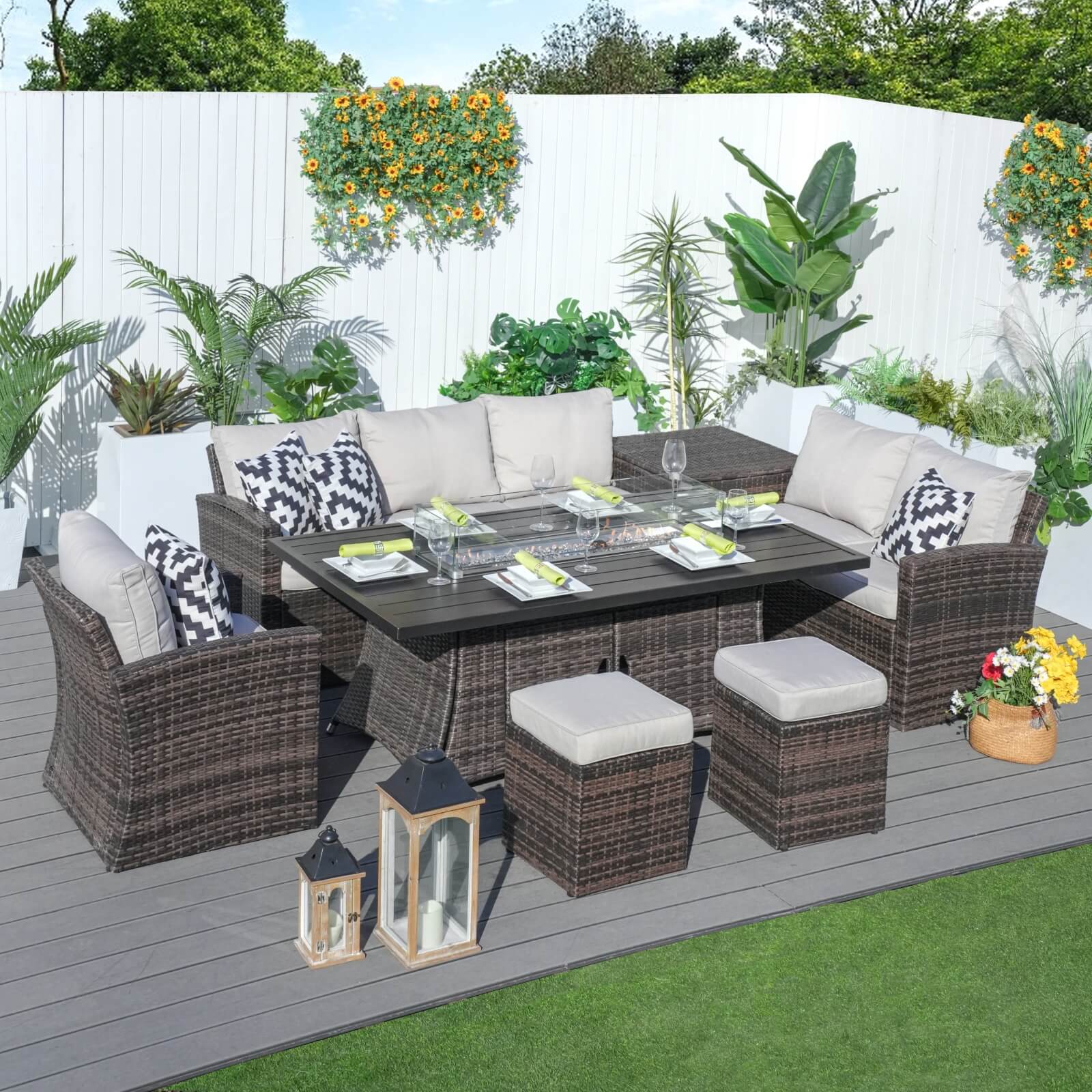 7-Piece Patio Conversation Set Featuring Rectangular Aluminum Fire Pit Table(PAS-1403B+1106RA) - Abrihome