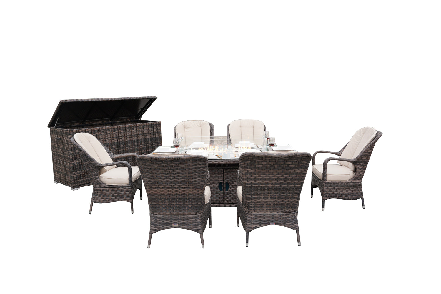 Abrihome 6 Seat Rectangular Fire Pit Dining Table With Eton Chair AND Wicker Patio Storage Box
