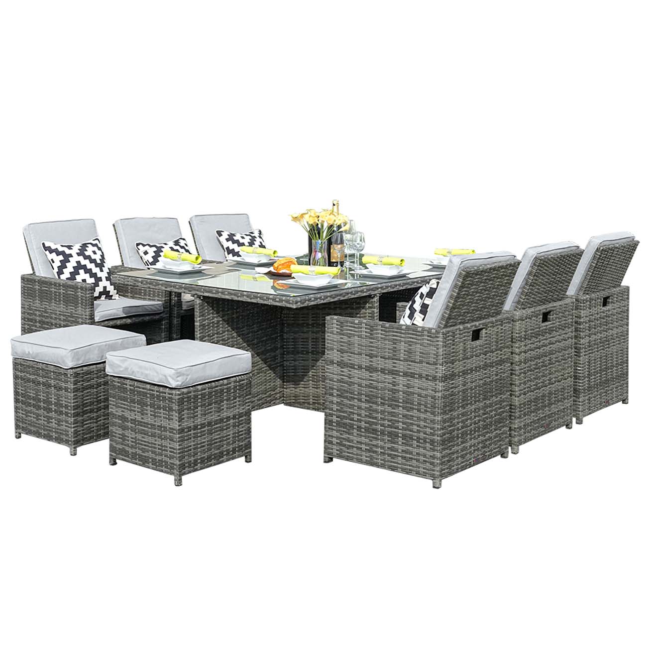 A 10-piece outdoor 2024 furniture set made of wicker, including a dining table and stools, which can be freely combined to suit family gatherings