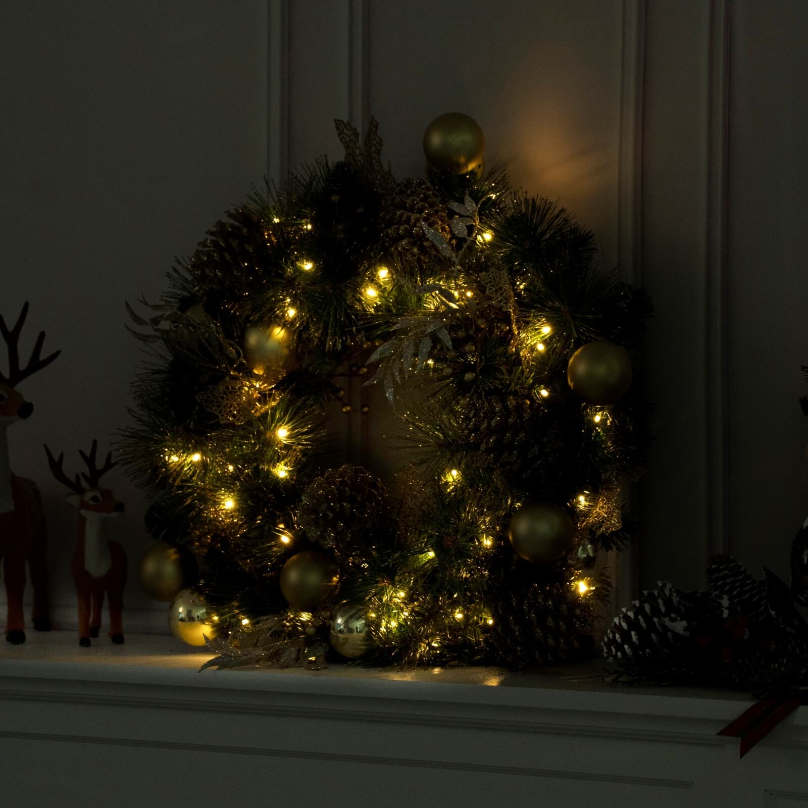 Artificial Christmas Wreath with Gold Accents – Pre-Lit or Unlit Options(PJW-2510) - Abrihome