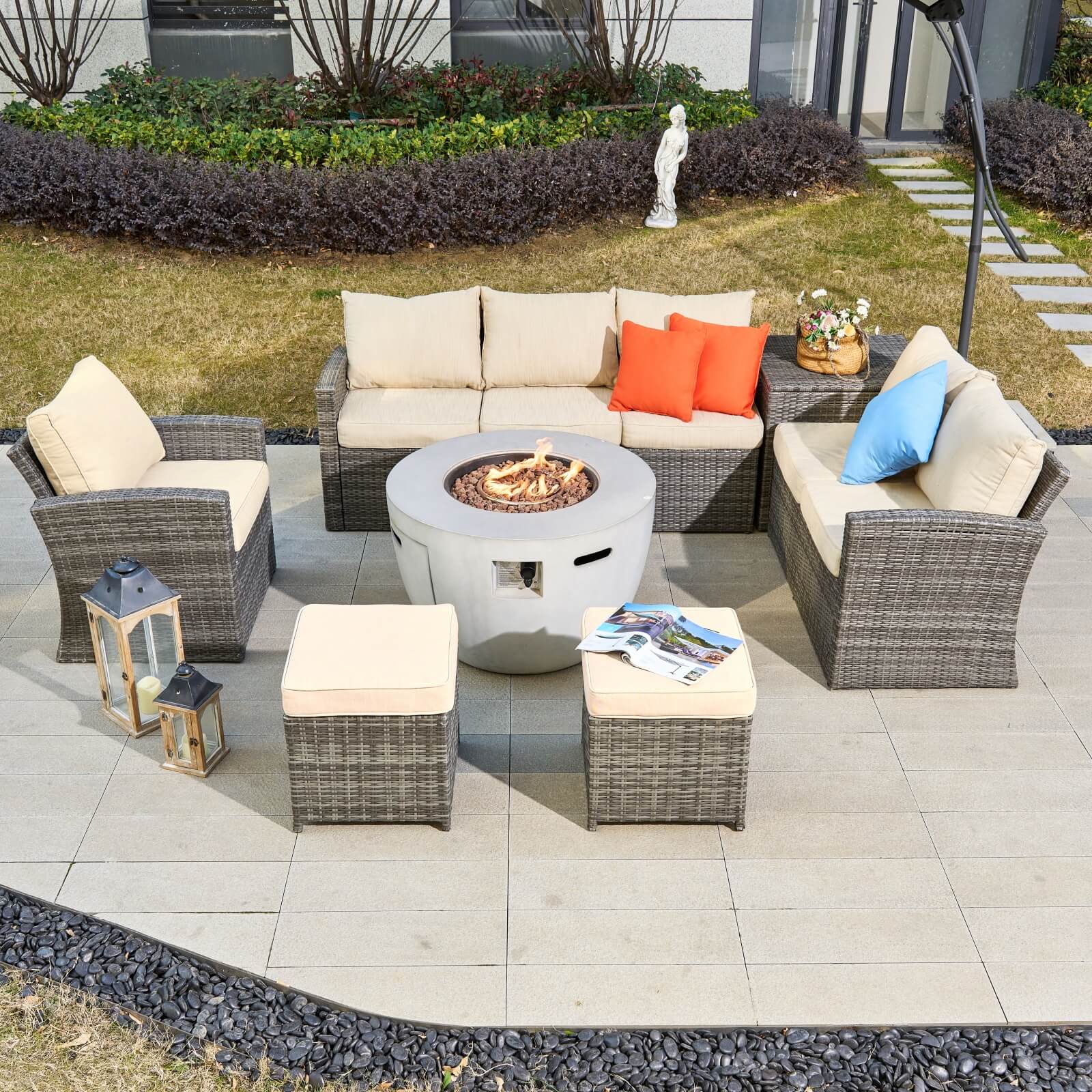7-Piece Outdoor Conversation Set with Round Fire Pit Table(PAS-1403B+2160) - Abrihome