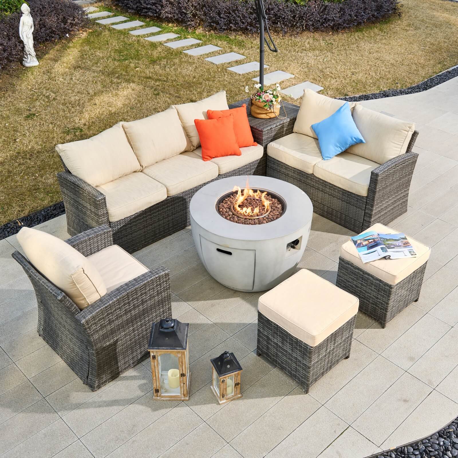7-Piece Outdoor Conversation Set with Round Fire Pit Table(PAS-1403B+2160) - Abrihome