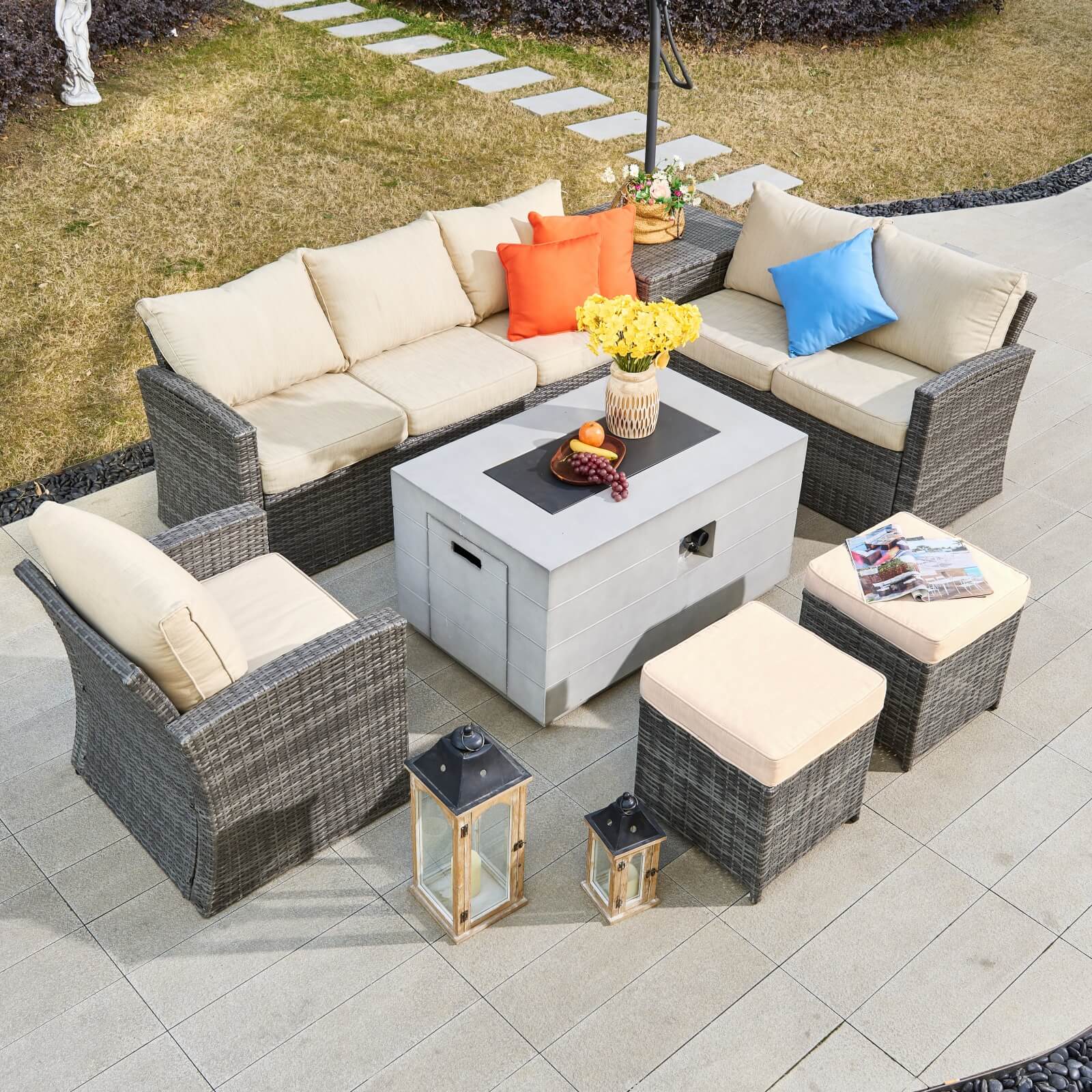 7-Piece Outdoor Conversation Set with Rectangular Fire Pit Table (PAS-1403B+2150) - Abrihome