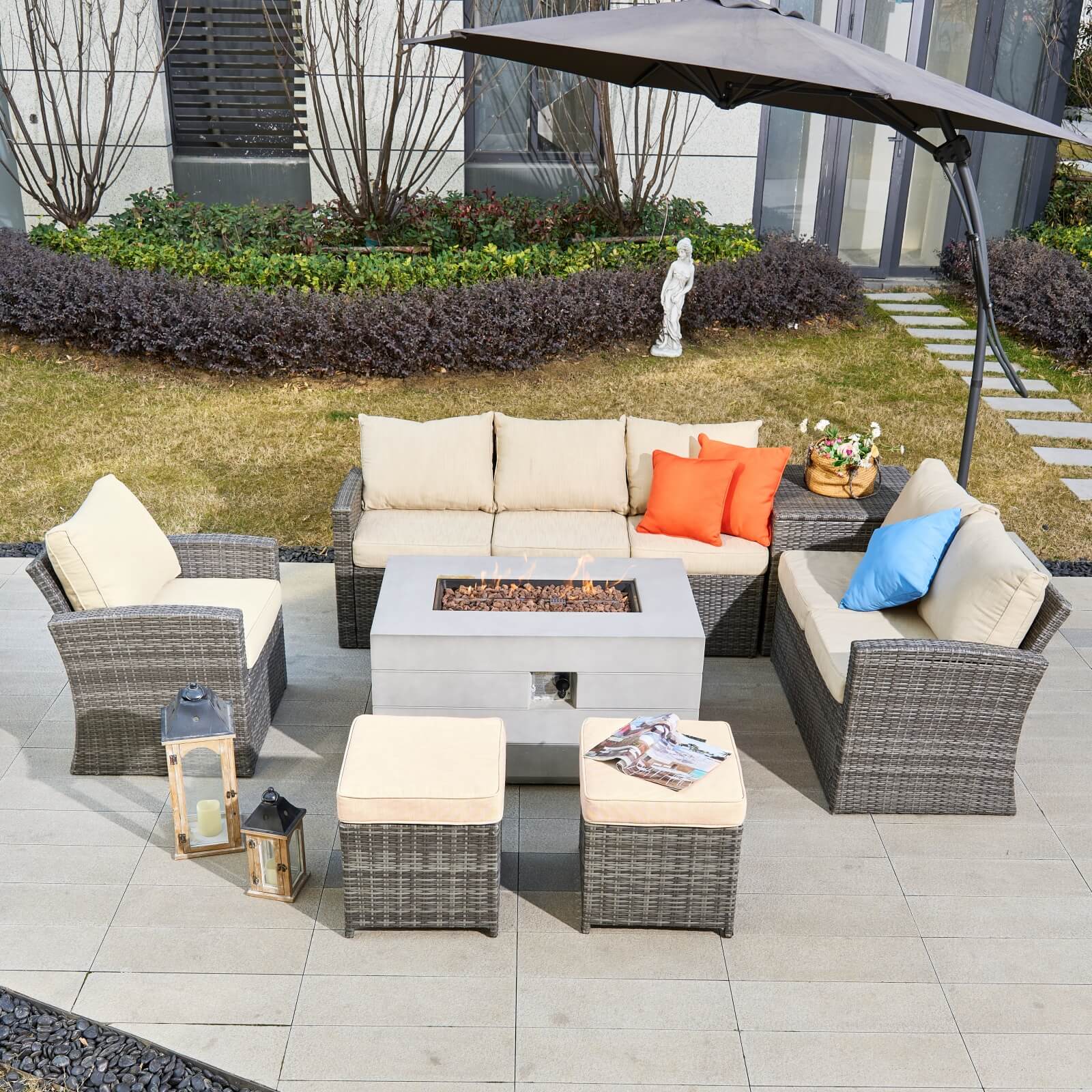 7-Piece Outdoor Conversation Set with Rectangular Fire Pit Table (PAS-1403B+2150) - Abrihome