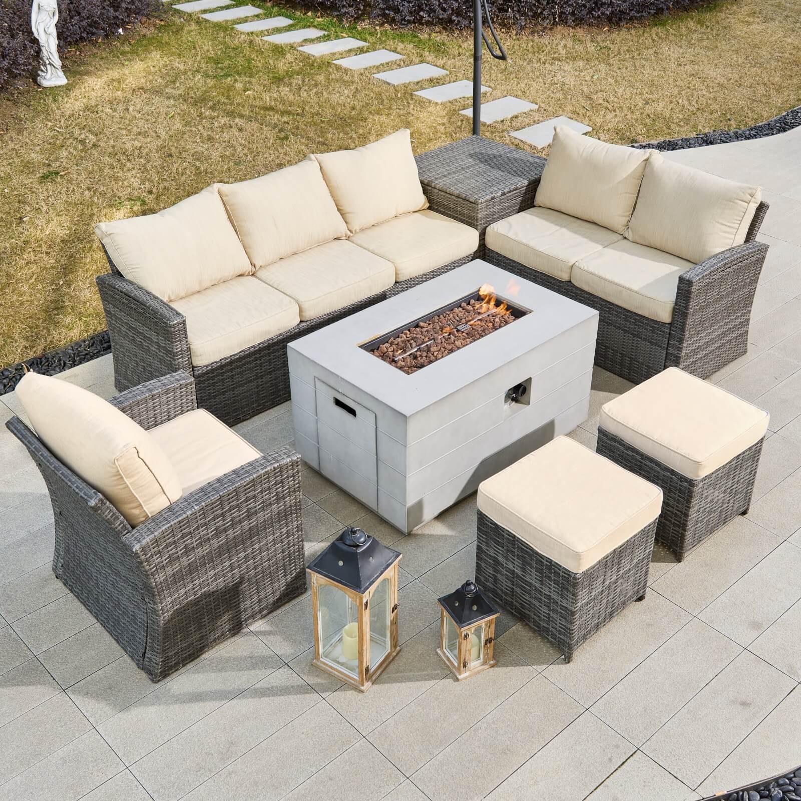 7-Piece Outdoor Conversation Set with Rectangular Fire Pit Table (PAS-1403B+2150) - Abrihome