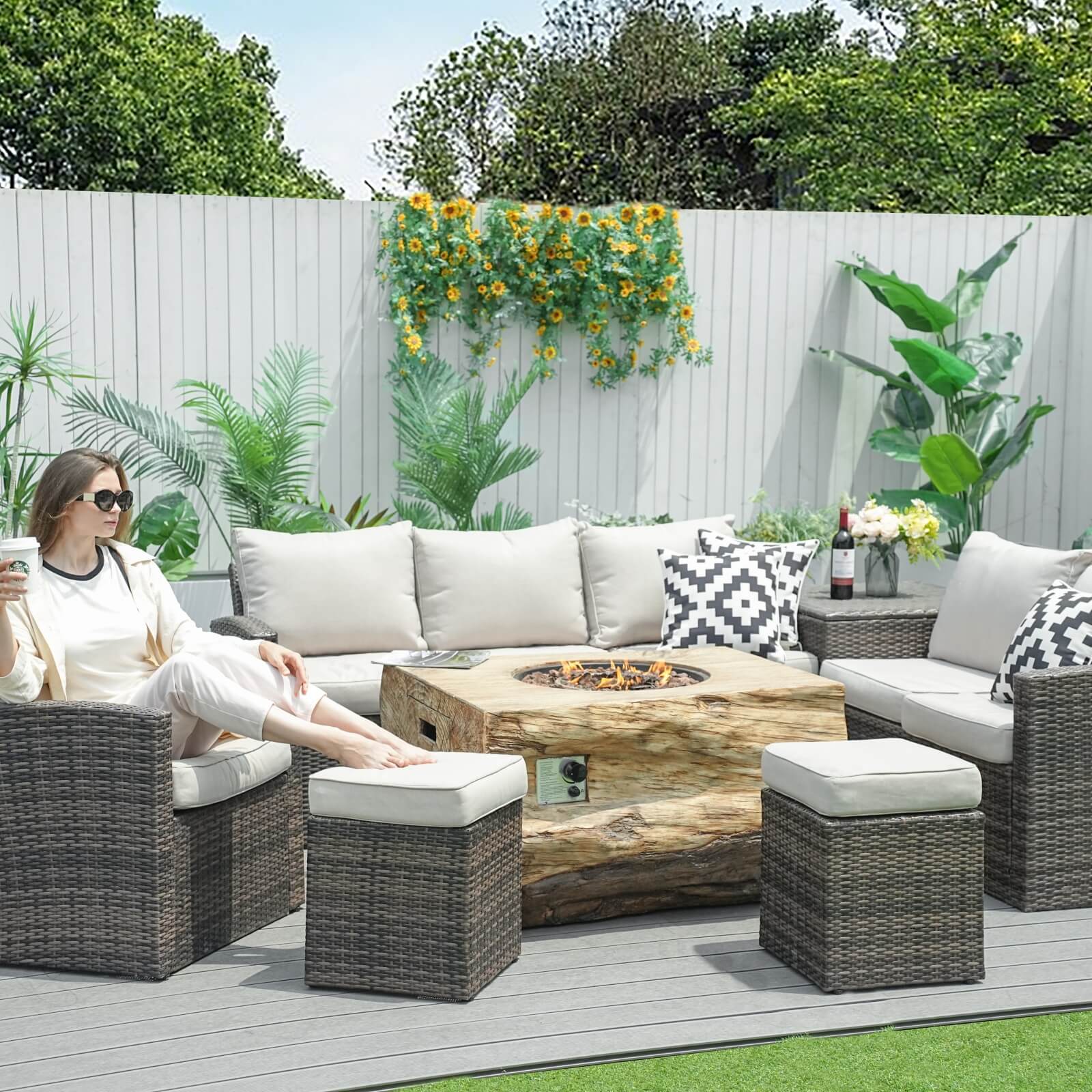 7-Piece Outdoor Fire Pit Set with TerraFlame Rectangle Table(PAG-1403B+2170) - Abrihome