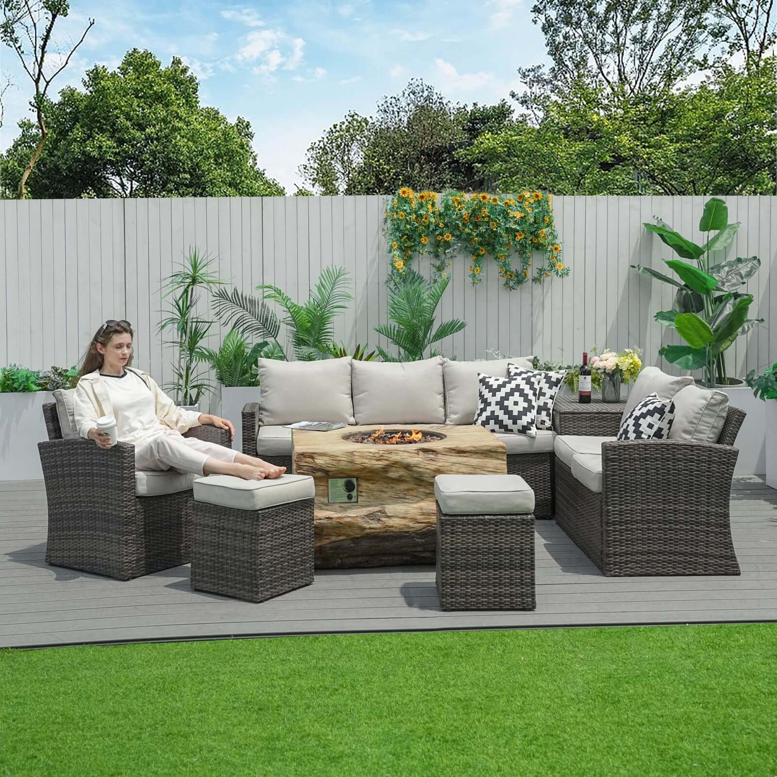 7-Piece Outdoor Fire Pit Set with TerraFlame Rectangle Table(PAG-1403B+2170) - Abrihome