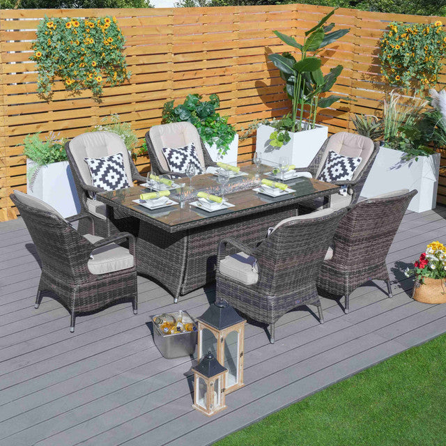 Garden Rattan Wicker Outdoor Furniture Patio 6 Seat Rectangular Fire Pit Dining Table With Eton Chair Sale - Abrihome