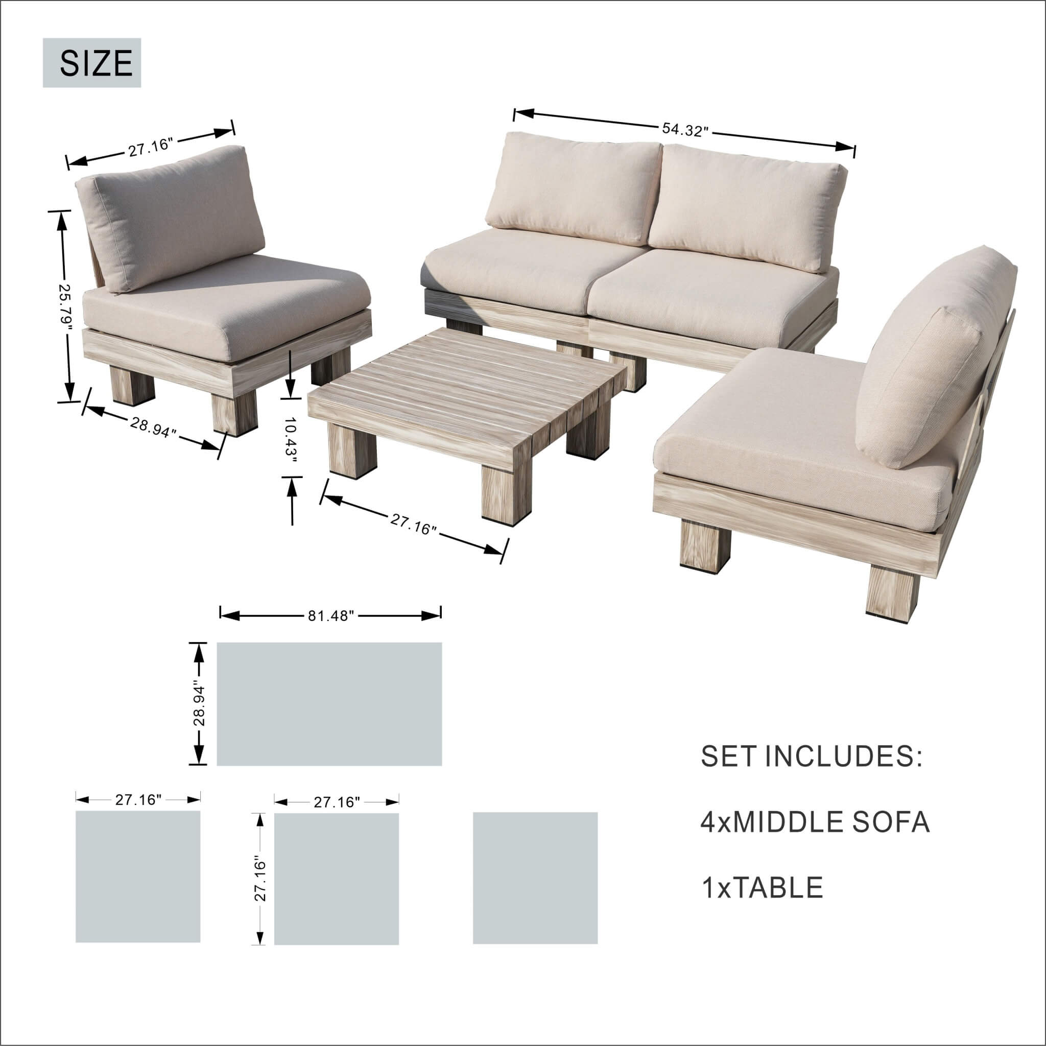 Armless 4-Seat Patio Sofa Set (PAS-2510-4S-Armless-SET) - Abrihome