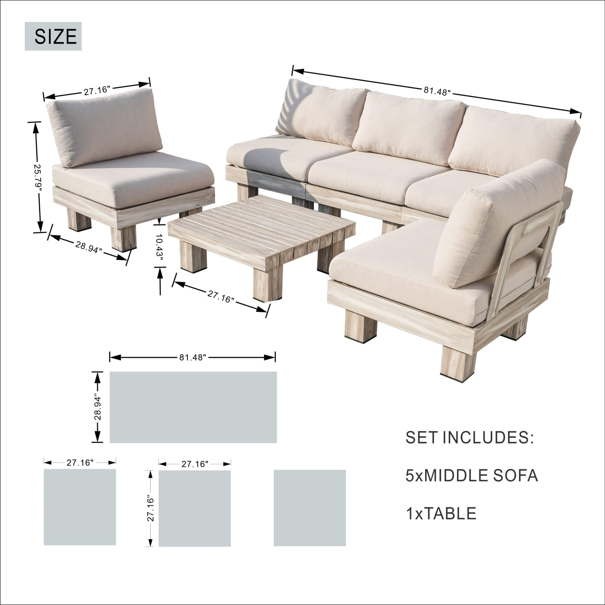 Armless 5-Seat Patio Sofa Set (PAS-2510-5S-Armless-SET) - Abrihome