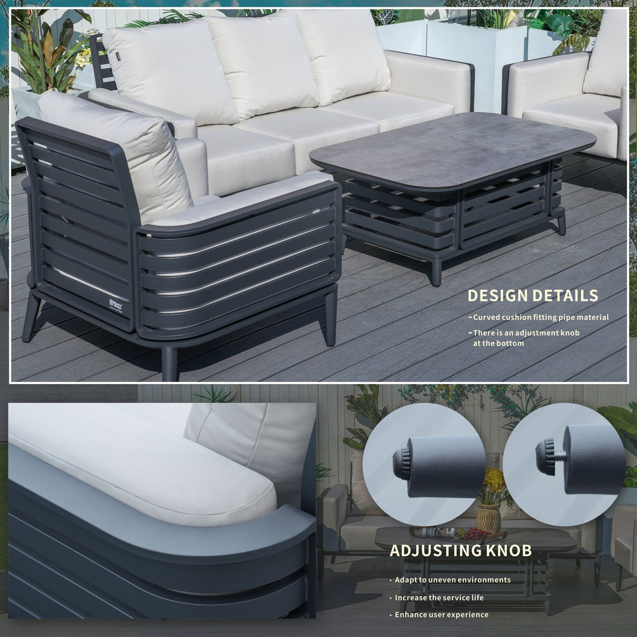 Modern 5-Person Aluminum Sofa Set with Exposed Tube Design(PAS-2350+PAD-2352) - Abrihome