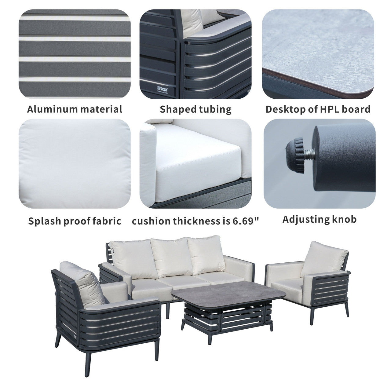 Modern 5-Person Aluminum Sofa Set with Exposed Tube Design(PAS-2350+PAD-2352) - Abrihome