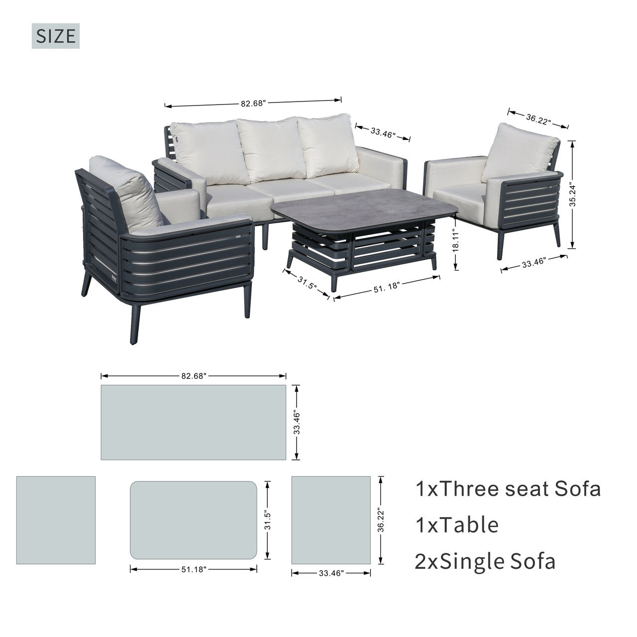 Modern 5-Person Aluminum Sofa Set with Exposed Tube Design(PAS-2350+PAD-2352) - Abrihome