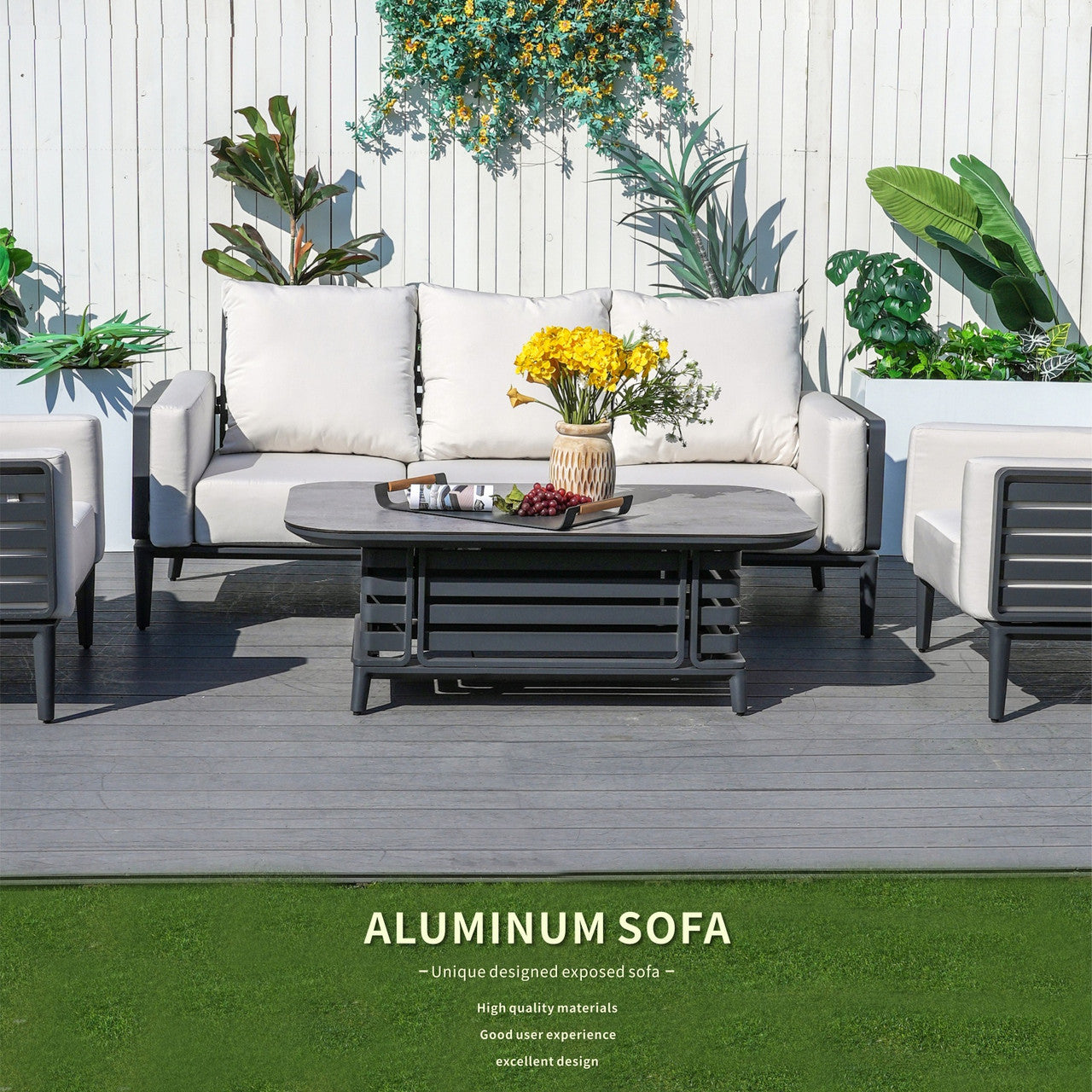 Modern 5-Person Aluminum Sofa Set with Exposed Tube Design(PAS-2350+PAD-2352) - Abrihome