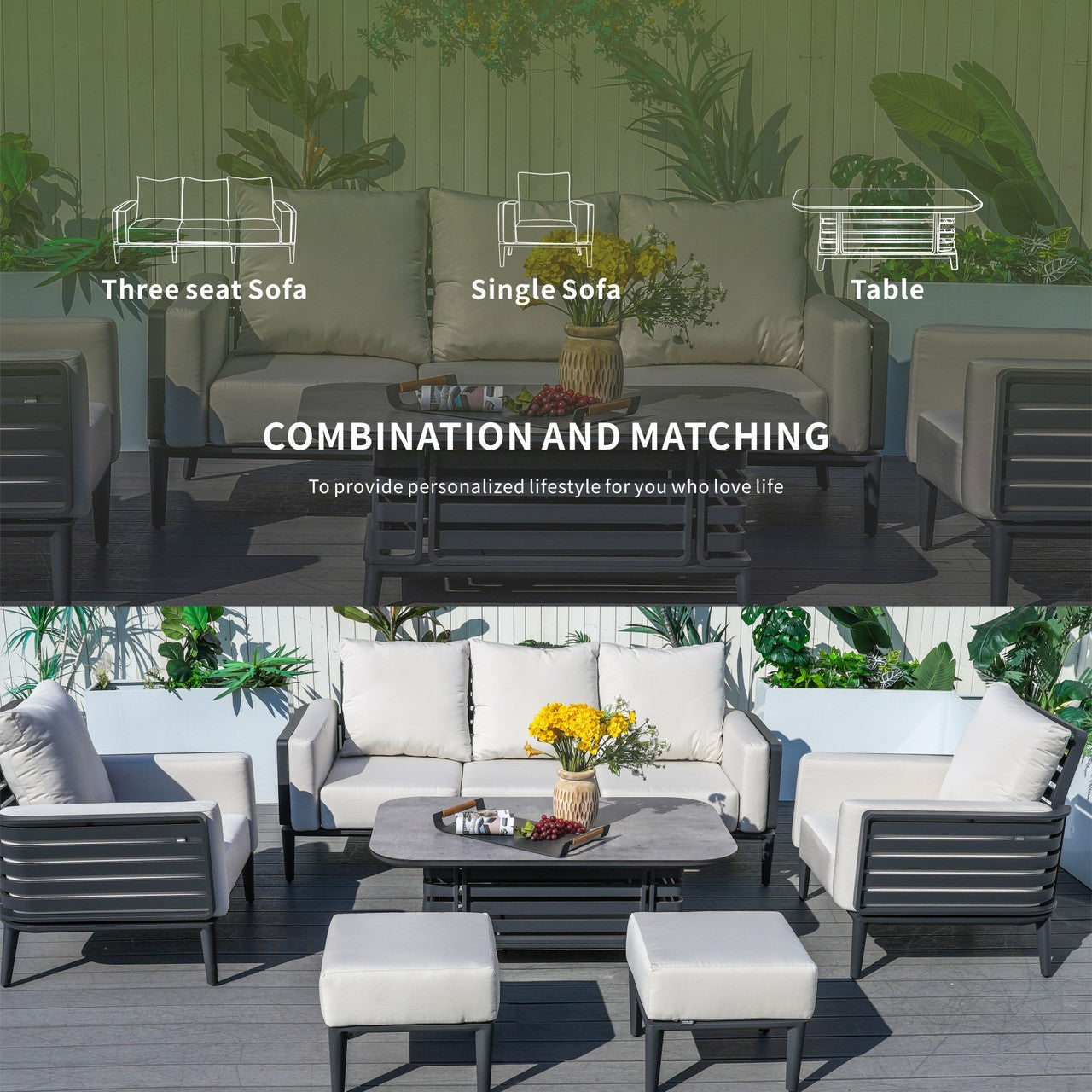 Modern 5-Person Aluminum Sofa Set with Exposed Tube Design(PAS-2350+PAD-2352) - Abrihome