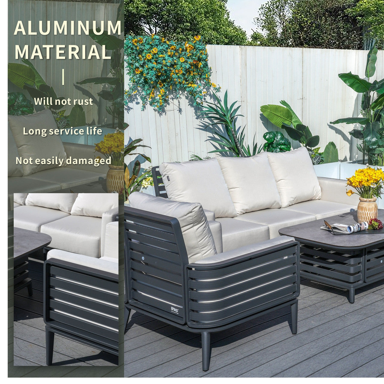 Modern 5-Person Aluminum Sofa Set with Exposed Tube Design(PAS-2350+PAD-2352) - Abrihome