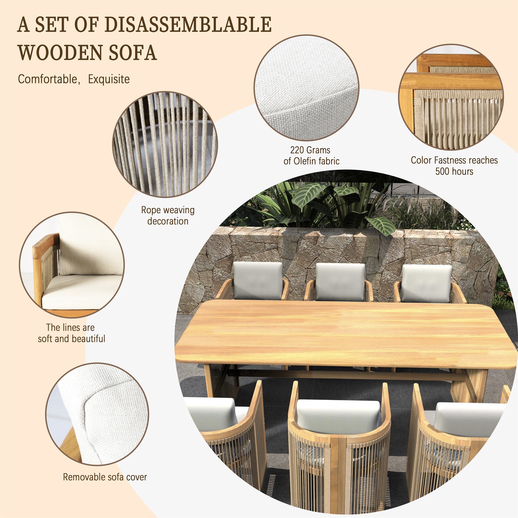 6-Seat Acacia Wood Outdoor Dining Set with Cushions(PAD-2517-TA+SC*6) - Abrihome