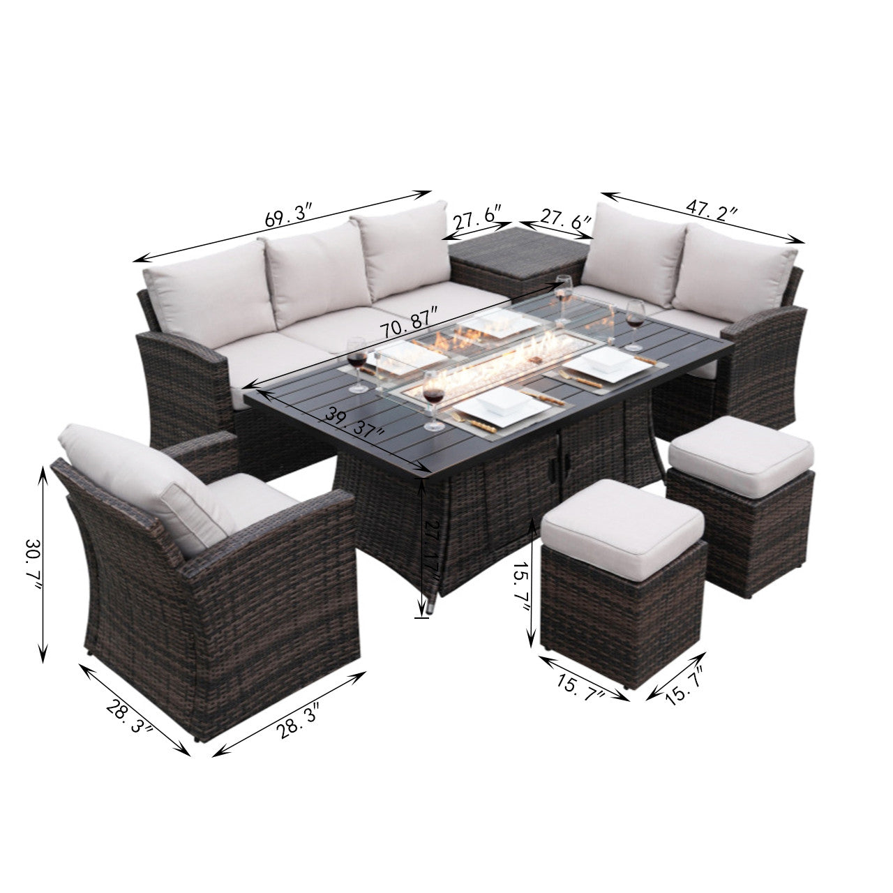 7-Piece Patio Conversation Set Featuring Rectangular Aluminum Fire Pit Table(PAS-1403B+1106RA) - Abrihome