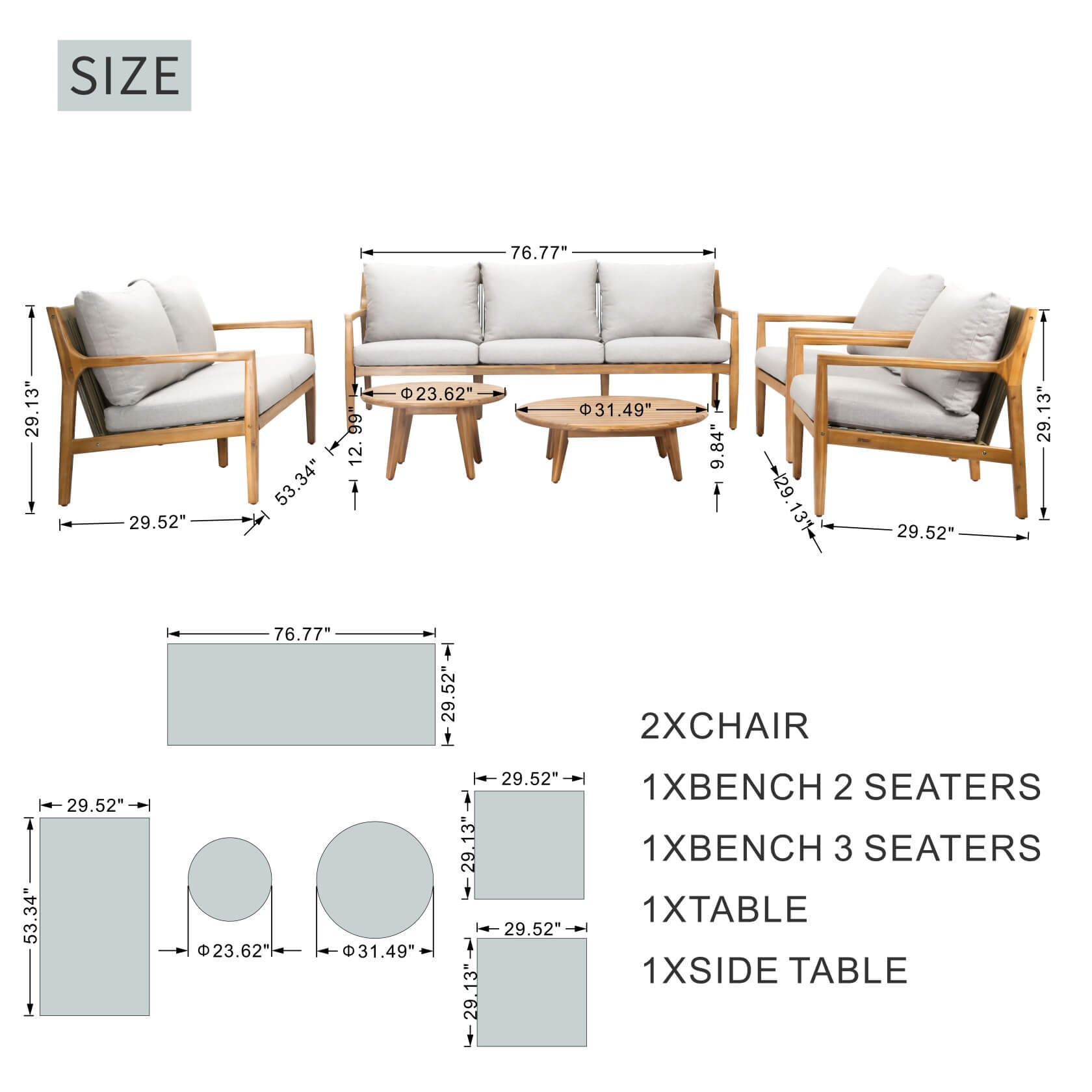 Natural Acacia Wood Outdoor Seating Set – 6-Piece Rustic Patio Sofa & Table Collection(PAS-2513-3SC+2SC+SC*2+TA+ST) - Abrihome
